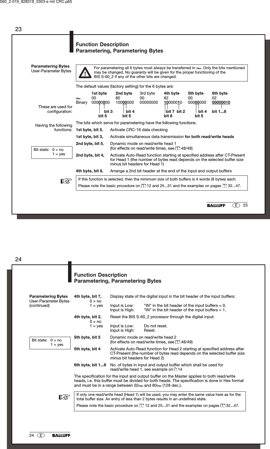 2323EParametering BytesUser-Parameter Bytes For parametering all 6 bytes must always be transferred in Hex. Only the bits mentionedmay be changed. No guaranty will be given for the proper functioning of theBIS S-60_2 if any of the other bits are changed.The default values (factory setting) for the 6 bytes are:1st byte 2nd byte 3rd byte 4th byte 5th byte 6th byteHex 00 80 00 82 00 02Binary 00000000 10000000 00000000 10000010 00000000 00000010           bit 3          bit 4   bit 7  bit 2          bit 4 bit 1...8      bit 5       bit 5 bit 8       bit 5The bits which serve for parametering have the following functions:1st byte, bit 5, Activate CRC-16 data checking1st byte, bit 3, Activate simultaneous data transmission for both read/write heads2nd byte, bit 5, Dynamic mode on read/write head 1(for effects on read/write times, see   48/49)2nd byte, bit 4, Activate Auto-Read function starting at specified address after CT-Presentfor Head 1 (the number of bytes read depends on the selected buffer sizeminus bit headers for Head 1)4th byte, bit 8, Arrange a 2nd bit header at the end of the input and output buffersIf this function is selected, then the minimum size of both buffers is 4 words (8 bytes) each.Please note the basic procedure on   12 and 25...31 and the examples on pages   32...47.Function DescriptionParametering, Parametering BytesBit state: 0 = no1 = yesThese are used forconfiguration:Having the followingfunctions:☞S60_2-019_828318_0303-e mit CRC.p652424 E4th byte, bit 7, Display state of the digital input in the bit header of the input buffers:0 = no1 = yes Input is Low: &quot;IN&quot; in the bit header of the input buffers = 0.Input is High: &quot;IN&quot; in the bit header of the input buffers = 1.4th byte, bit 2, Reset the BIS S-60_2 processor through the digital input:0 = no1 = yes Input is Low: Do not reset.Input is High: Reset.5th byte, bit 5 Dynamic mode on read/write head 2(for effects on read/write times, see   48/49)5th byte, bit 4 Activate Auto-Read function for Head 2 starting at specified address afterCT-Present (the number of bytes read depends on the selected buffer sizeminus bit headers for Head 2)6th byte, bit 1...8 No. of bytes in input and output buffer which shall be used forread/write head 1, see example on   14The specification for the input and output buffer on the Master applies to both read/writeheads, i.e. this buffer must be divided for both heads. The specification is done in Hex formatand must be in a range between 02Hex and 80Hex (128 dec.).If only one read/write head (Head 1) will be used, you may enter the same value here as for thetotal buffer size. An entry of less than 2 bytes results in an undefined state.Please note the basic procedure on   12 and 25...31 and the examples on pages   32...47.Parametering BytesUser-Parameter Bytes(continued)Function DescriptionParametering, Parametering BytesBit state: 0 = no1 = yes☞