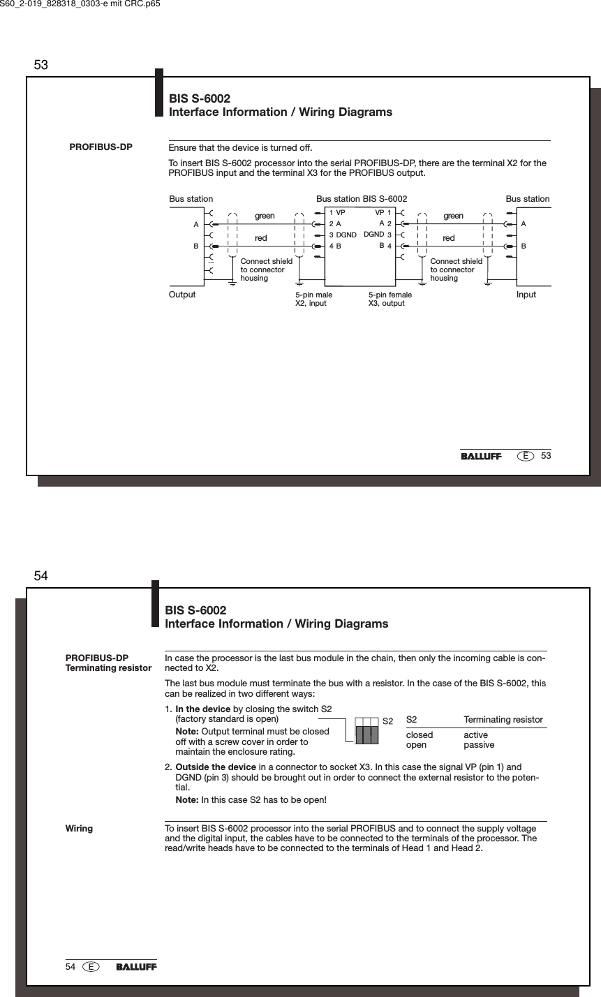 5353EBIS S-6002Interface Information / Wiring DiagramsPROFIBUS-DP Ensure that the device is turned off.To insert BIS S-6002 processor into the serial PROFIBUS-DP, there are the terminal X2 for thePROFIBUS input and the terminal X3 for the PROFIBUS output....12341234ABVPDGNDABVPDGNDABABBus station BIS S-6002Bus station Bus station5-pin femaleX3, output5-pin maleX2, inputOutput InputConnect shieldto connectorhousingConnect shieldto connectorhousinggreenred redgreenS60_2-019_828318_0303-e mit CRC.p655454 EPROFIBUS-DPTerminating resistorBIS S-6002Interface Information / Wiring DiagramsIn case the processor is the last bus module in the chain, then only the incoming cable is con-nected to X2.The last bus module must terminate the bus with a resistor. In the case of the BIS S-6002, thiscan be realized in two different ways:1. In the device by closing the switch S2(factory standard is open)Note: Output terminal must be closedoff with a screw cover in order tomaintain the enclosure rating.2. Outside the device in a connector to socket X3. In this case the signal VP (pin 1) andDGND (pin 3) should be brought out in order to connect the external resistor to the poten-tial.Note: In this case S2 has to be open!To insert BIS S-6002 processor into the serial PROFIBUS and to connect the supply voltageand the digital input, the cables have to be connected to the terminals of the processor. Theread/write heads have to be connected to the terminals of Head 1 and Head 2.S2 Terminating resistorclosed activeopen passiveWiring