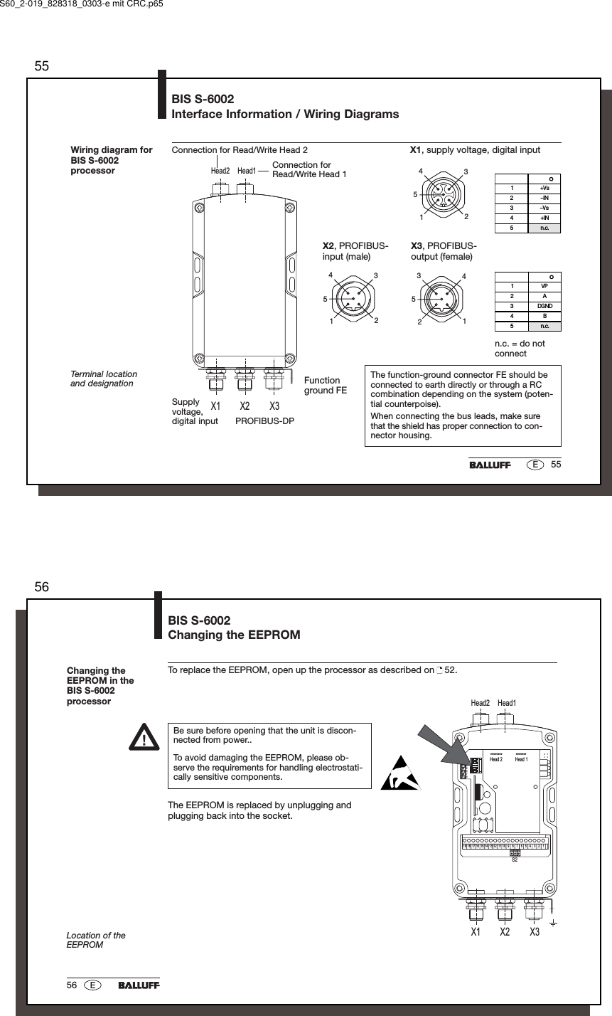 5555EX1 X2 X3Head1Head2Wiring diagram forBIS S-6002processorPROFIBUS-DPSupplyvoltage,digital inputFunctionground FEBIS S-6002Interface Information / Wiring Diagrams12354X1, supply voltage, digital inputX2, PROFIBUS-input (male)12354n.c. = do notconnectX3, PROFIBUS-output (female)21453Pin Function1VP2A3DGND4B5n.c.Pin Function1+Vs2IN3Vs4+IN5n.c.Connection for Read/Write Head 2The function-ground connector FE should beconnected to earth directly or through a RCcombination depending on the system (poten-tial counterpoise).When connecting the bus leads, make surethat the shield has proper connection to con-nector housing.Terminal locationand designationConnection forRead/Write Head 1S60_2-019_828318_0303-e mit CRC.p655656 EX1 X2 X3Head1Head21on243on onon67on on5on8ononon onHead 1Head 2S113246 578911121416 15 13 10S21719 18Changing theEEPROM in theBIS S-6002processorLocation of theEEPROMBIS S-6002Changing the EEPROMTo replace the EEPROM, open up the processor as described on   52.Be sure before opening that the unit is discon-nected from power..To avoid damaging the EEPROM, please ob-serve the requirements for handling electrostati-cally sensitive components.The EEPROM is replaced by unplugging andplugging back into the socket.