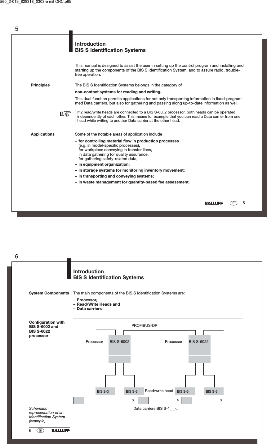 55EPrinciplesIntroductionBIS S Identification SystemsApplications☞This manual is designed to assist the user in setting up the control program and installing andstarting up the components of the BIS S Identification System, and to assure rapid, trouble-free operation.The BIS S Identification Systems belongs in the category ofnon-contact systems for reading and writing.This dual function permits applications for not only transporting information in fixed-program-med Data carriers, but also for gathering and passing along up-to-date information as well.If 2 read/write heads are connected to a BIS S-60_2 processor, both heads can be operatedindependently of each other. This means for example that you can read a Data carrier from onehead while writing to another Data carrier at the other head.Some of the notable areas of application include– for controlling material flow in production processes(e.g. in model-specific processes),for workpiece conveying in transfer lines,in data gathering for quality assurance,for gathering safety-related data,– in equipment organization;– in storage systems for monitoring inventory movement;– in transporting and conveying systems;– in waste management for quantity-based fee assessment.S60_2-019_828318_0303-e mit CRC.p6566EBIS S-3_ _BIS S-3_ _ BIS S-3_ _BIS S-3_ _System Components The main components of the BIS S Identification Systems are:–Processor,–Read/Write Heads and–Data carriersIntroductionBIS S Identification SystemsPROFIBUS-DPData carriers BIS S-1_ _-...Schematicrepresentation of anIdentification System(example)Processor BIS S-6002Read/write headProcessor BIS S-6022Configuration withBIS S-6002 andBIS S-6022processor