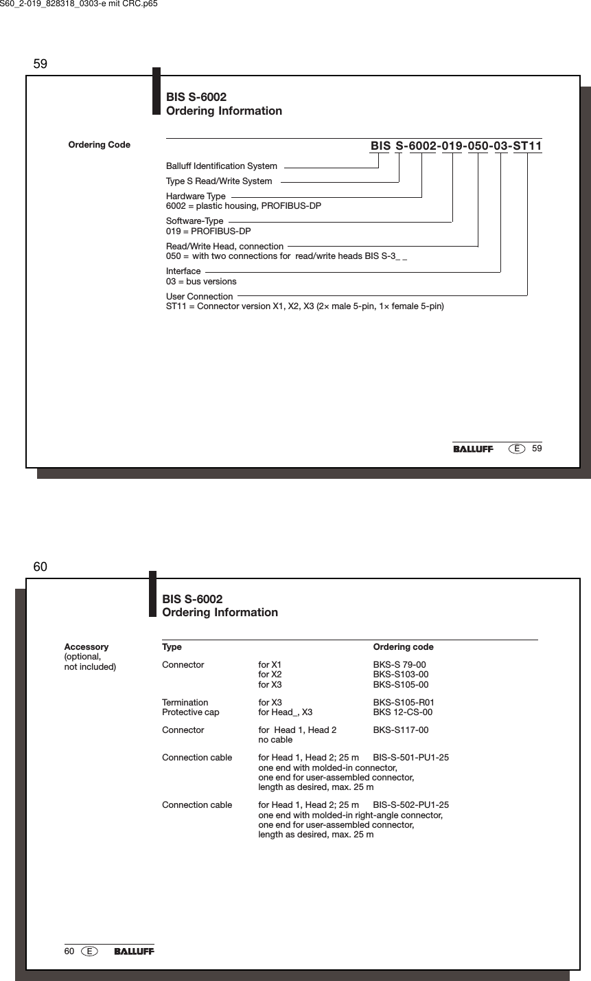 5959EBalluff Identification SystemType S Read/Write SystemHardware Type6002 = plastic housing, PROFIBUS-DPSoftware-Type019 = PROFIBUS-DPRead/Write Head, connection050 = with two connections for  read/write heads BIS S-3_ _Interface03 = bus versionsUser ConnectionST11 = Connector version X1, X2, X3 (2× male 5-pin, 1× female 5-pin)Ordering CodeBIS S-6002Ordering InformationBIS S-6002-019-050-03-ST11S60_2-019_828318_0303-e mit CRC.p656060 EType Ordering codeConnector for X1 BKS-S 79-00for X2 BKS-S103-00for X3 BKS-S105-00Termination for X3 BKS-S105-R01Protective cap for Head_, X3 BKS 12-CS-00Connector for  Head 1, Head 2 BKS-S117-00no cableConnection cable for Head 1, Head 2; 25 m BIS-S-501-PU1-25one end with molded-in connector,one end for user-assembled connector,length as desired, max. 25 mConnection cable for Head 1, Head 2; 25 m BIS-S-502-PU1-25one end with molded-in right-angle connector,one end for user-assembled connector,length as desired, max. 25 mAccessory(optional,not included)BIS S-6002Ordering Information