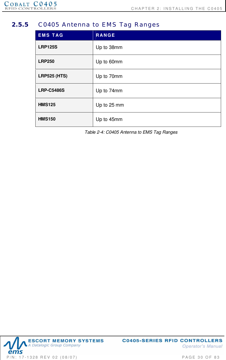    CHAPTER  2:  INSTALLING  THE  C0405P/N:  17-1328  REV  02  (08/07)           PAGE  30  OF 832.5.5 C0405  Antenna  to  EMS  Tag  RangesEMS  TAG RANGELRP125S Up to 38mmLRP250 Up to 60mmLRP525 (HTS) Up to 70mmLRP-C5486S Up to 74mmHMS125 Up to 25 mmHMS150 Up to 45mmTable 2-4: C0405 Antenna to EMS Tag Ranges