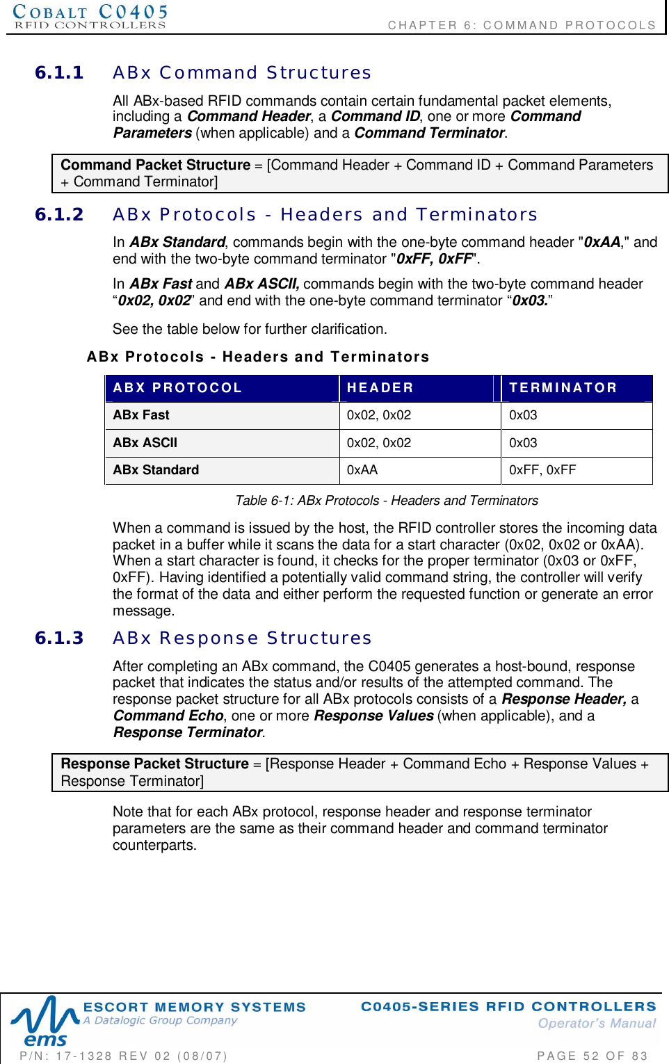                                           CHAPTER 6: COMMAND PROTOCOLSP/N:  17-1328  REV  02  (08/07)           PAGE  52  OF 836.1.1 ABx  Command  StructuresAll ABx-based RFID commands contain certain fundamental packet elements,including a Command Header, a Command ID, one or more CommandParameters (when applicable) and a Command Terminator.Command Packet Structure = [Command Header + Command ID + Command Parameters+ Command Terminator]6.1.2 ABx  Protocols  -  Headers  and  TerminatorsIn ABx Standard, commands begin with the one-byte command header &quot;0xAA,&quot; andend with the two-byte command terminator &quot;0xFF, 0xFF&quot;.In ABx Fast and ABx ASCII, commands begin with the two-byte command header“0x02, 0x02” and end with the one-byte command terminator “0x03.”See the table below for further clarification.ABx  Protocols  -  Headers  and  TerminatorsABX  PROTOCOL HEADER TERMINATORABx Fast 0x02, 0x02 0x03ABx ASCII 0x02, 0x02 0x03ABx Standard 0xAA 0xFF, 0xFFTable 6-1: ABx Protocols - Headers and TerminatorsWhen a command is issued by the host, the RFID controller stores the incoming datapacket in a buffer while it scans the data for a start character (0x02, 0x02 or 0xAA).When a start character is found, it checks for the proper terminator (0x03 or 0xFF,0xFF). Having identified a potentially valid command string, the controller will verifythe format of the data and either perform the requested function or generate an errormessage.6.1.3 ABx  Response  StructuresAfter completing an ABx command, the C0405 generates a host-bound, responsepacket that indicates the status and/or results of the attempted command. Theresponse packet structure for all ABx protocols consists of a Response Header, aCommand Echo, one or more Response Values (when applicable), and aResponse Terminator.Response Packet Structure = [Response Header + Command Echo + Response Values +Response Terminator]Note that for each ABx protocol, response header and response terminatorparameters are the same as their command header and command terminatorcounterparts.