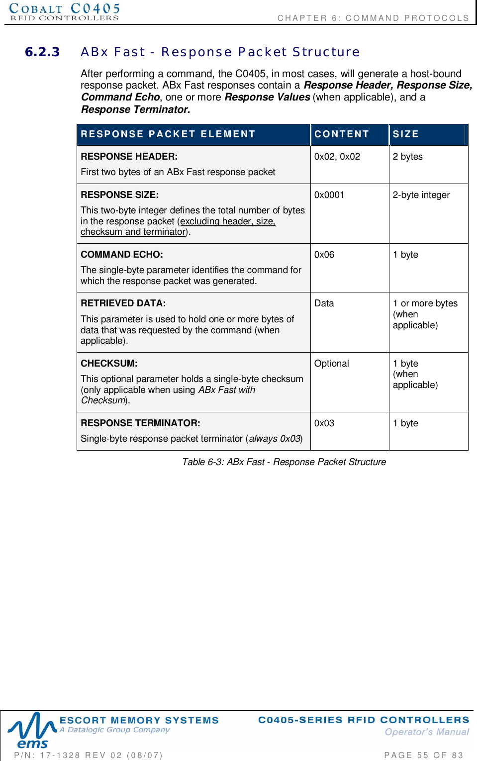                                           CHAPTER 6: COMMAND PROTOCOLSP/N:  17-1328  REV  02  (08/07)           PAGE  55  OF 836.2.3 ABx  Fast  -  Response  Packet  StructureAfter performing a command, the C0405, in most cases, will generate a host-boundresponse packet. ABx Fast responses contain a Response Header, Response Size,Command Echo, one or more Response Values (when applicable), and aResponse Terminator.RESPONSE  PACKET  ELEMENT CONTENT SIZERESPONSE HEADER:First two bytes of an ABx Fast response packet0x02, 0x02  2 bytesRESPONSE SIZE:This two-byte integer defines the total number of bytesin the response packet (excluding header, size,checksum and terminator).0x0001 2-byte integerCOMMAND ECHO:The single-byte parameter identifies the command forwhich the response packet was generated.0x06 1 byteRETRIEVED DATA:This parameter is used to hold one or more bytes ofdata that was requested by the command (whenapplicable).Data 1 or more bytes(whenapplicable)CHECKSUM:This optional parameter holds a single-byte checksum(only applicable when using ABx Fast withChecksum).Optional 1 byte(whenapplicable)RESPONSE TERMINATOR:Single-byte response packet terminator (always 0x03)0x03 1 byteTable 6-3: ABx Fast - Response Packet Structure