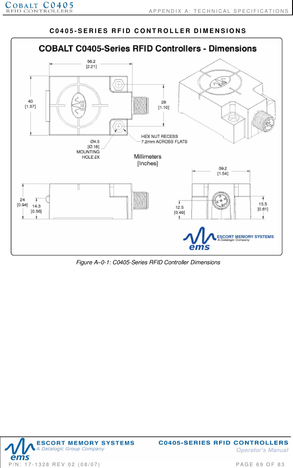                                  APPENDIX  A: TECHNICAL  SPECIFICATIONSP/N:  17-1328  REV  02  (08/07)           PAGE  69  OF 83C0405-SERIES RFID CONTROLLER DIMENSIONSFigure A0-1: C0405-Series RFID Controller Dimensions