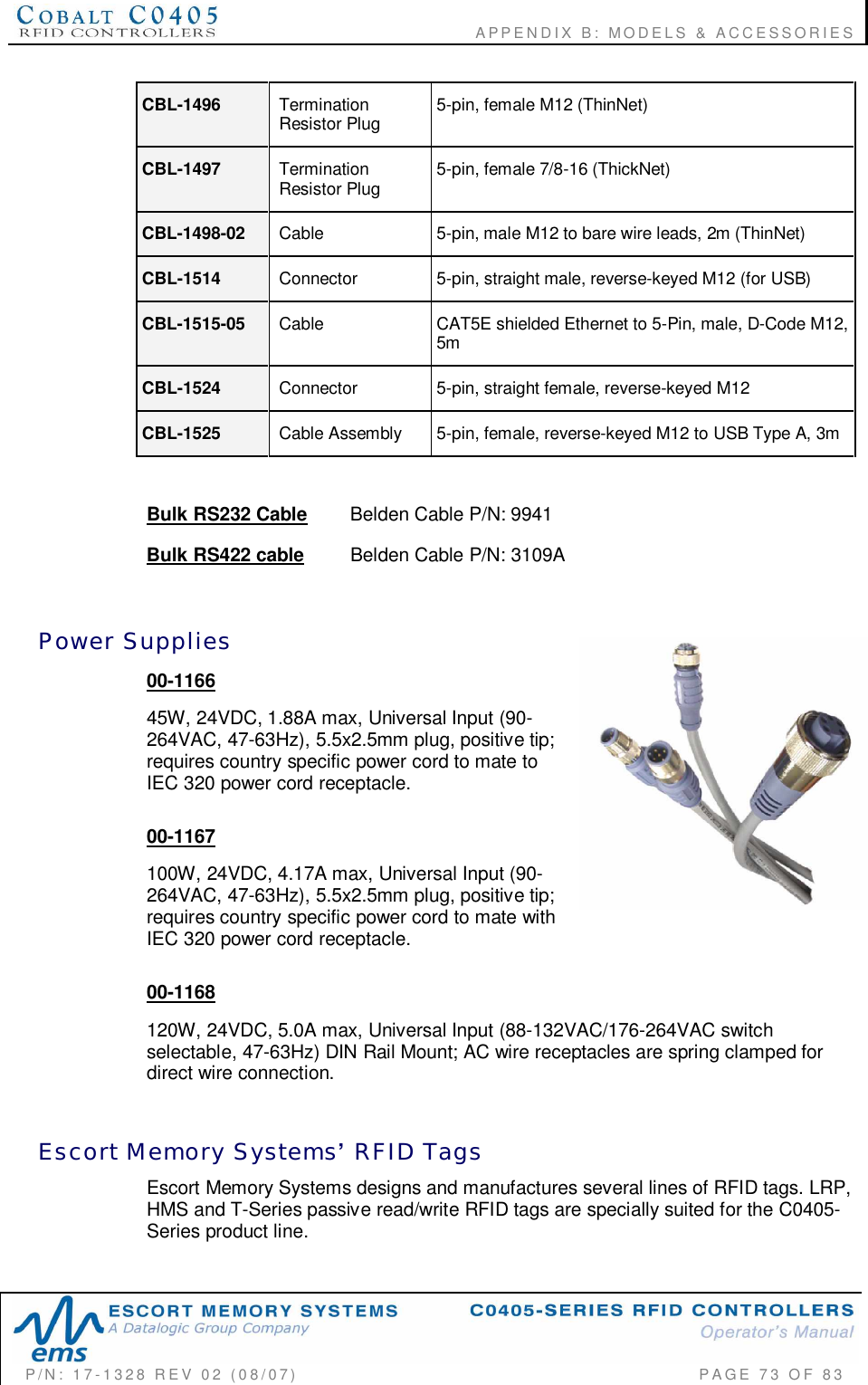                                      APPENDIX B: MODELS &amp; ACCESSORIESP/N:  17-1328  REV  02  (08/07)           PAGE  73  OF 83CBL-1496 TerminationResistor Plug 5-pin, female M12 (ThinNet)CBL-1497 TerminationResistor Plug 5-pin, female 7/8-16 (ThickNet)CBL-1498-02 Cable 5-pin, male M12 to bare wire leads, 2m (ThinNet)CBL-1514 Connector 5-pin, straight male, reverse-keyed M12 (for USB)CBL-1515-05 Cable CAT5E shielded Ethernet to 5-Pin, male, D-Code M12,5mCBL-1524 Connector 5-pin, straight female, reverse-keyed M12CBL-1525 Cable Assembly  5-pin, female, reverse-keyed M12 to USB Type A, 3mBulk RS232 Cable    Belden Cable P/N: 9941Bulk RS422 cable Belden Cable P/N: 3109APower  Supplies00-116645W, 24VDC, 1.88A max, Universal Input (90-264VAC, 47-63Hz), 5.5x2.5mm plug, positive tip;requires country specific power cord to mate toIEC 320 power cord receptacle.00-1167100W, 24VDC, 4.17A max, Universal Input (90-264VAC, 47-63Hz), 5.5x2.5mm plug, positive tip;requires country specific power cord to mate withIEC 320 power cord receptacle.00-1168120W, 24VDC, 5.0A max, Universal Input (88-132VAC/176-264VAC switchselectable, 47-63Hz) DIN Rail Mount; AC wire receptacles are spring clamped fordirect wire connection.Escort  Memory  Systems  RFID  TagsEscort Memory Systems designs and manufactures several lines of RFID tags. LRP,HMS and T-Series passive read/write RFID tags are specially suited for the C0405-Series product line.