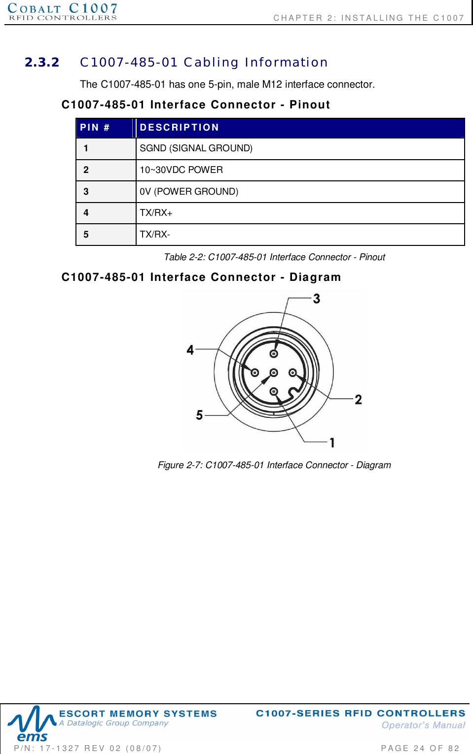              CHAPTER  2:  INSTALLING  THE  C1007P/N:  17-1327  REV  02  (08/07)           PAGE 24  OF  822.3.2 C1007-485-01  Cabling  InformationThe C1007-485-01 has one 5-pin, male M12 interface connector.C1007-485-01  Interface  Connector  -  PinoutPIN  # DESCRIPTION1SGND (SIGNAL GROUND)210~30VDC POWER30V (POWER GROUND)4TX/RX+5TX/RX-Table 2-2: C1007-485-01 Interface Connector - PinoutC1007-485-01  Interface  Connector  -  DiagramFigure 2-7: C1007-485-01 Interface Connector - Diagram