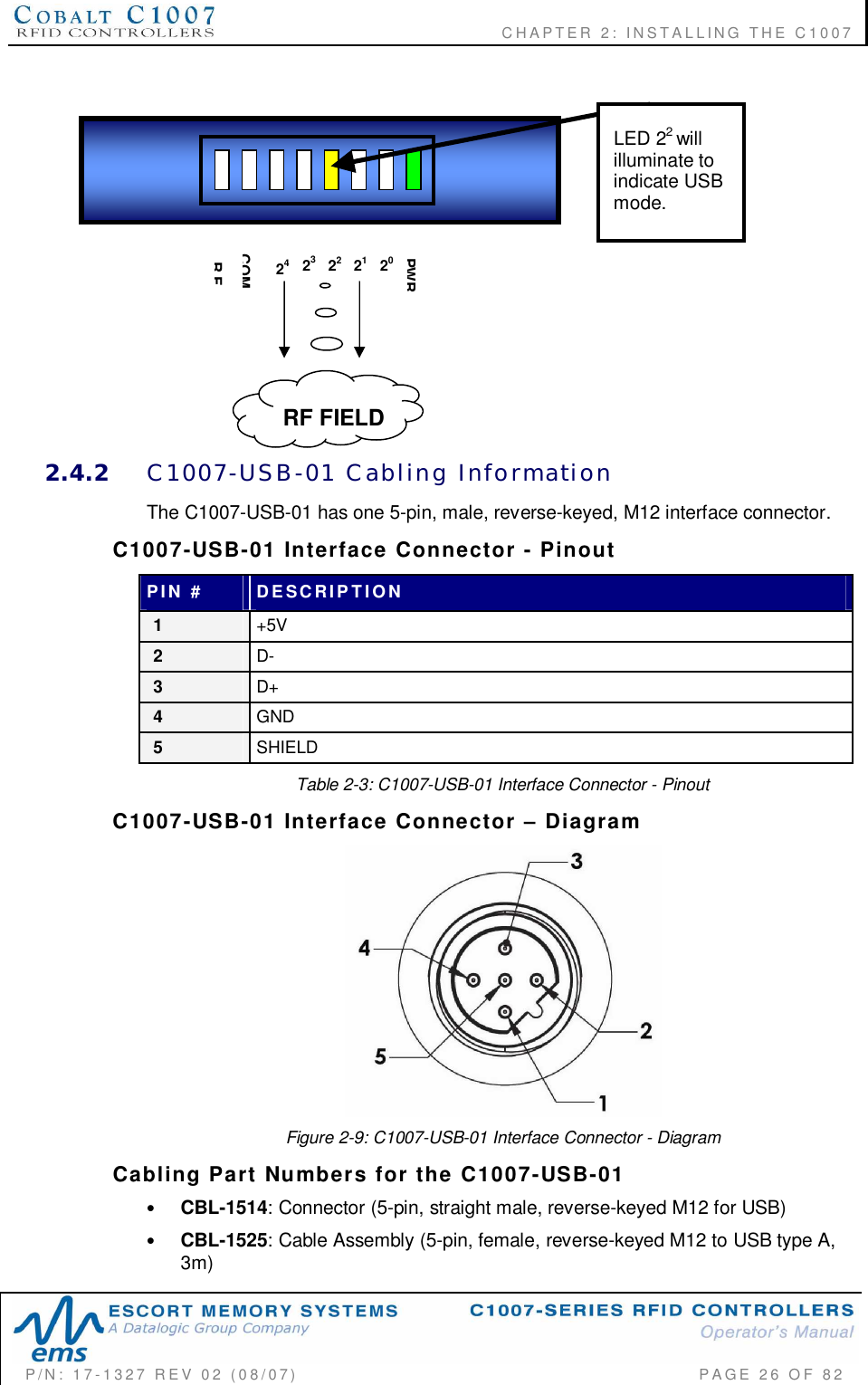              CHAPTER  2:  INSTALLING  THE  C1007P/N:  17-1327  REV  02  (08/07)           PAGE 26  OF  822.4.2 C1007-USB-01  Cabling  InformationThe C1007-USB-01 has one 5-pin, male, reverse-keyed, M12 interface connector.C1007-USB-01  Interface  Connector  -  PinoutPIN  # DESCRIPTION1+5V2D-3D+4GND5SHIELDTable 2-3: C1007-USB-01 Interface Connector - PinoutC1007-USB-01  Interface  Connector    DiagramFigure 2-9: C1007-USB-01 Interface Connector - DiagramCabling  Part  Numbers  for  the  C1007-USB-01•CBL-1514: Connector (5-pin, straight male, reverse-keyed M12 for USB)•CBL-1525: Cable Assembly (5-pin, female, reverse-keyed M12 to USB type A,3m)2321PWR242220COMR FRF FIELDLED 22willilluminate toindicate USBmode.