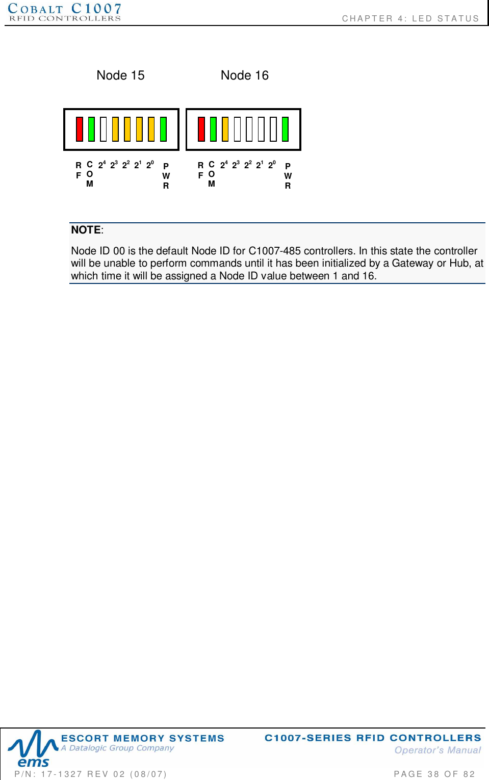                                                          CHAPTER 4: LED STATUSP/N:  17-1327  REV  02  (08/07)           PAGE 38  OF  82Node 15 Node 16NOTE:Node ID 00 is the default Node ID for C1007-485 controllers. In this state the controllerwill be unable to perform commands until it has been initialized by a Gateway or Hub, atwhich time it will be assigned a Node ID value between 1 and 16.PWR2423212220COMRFPWR2423212220COMRF