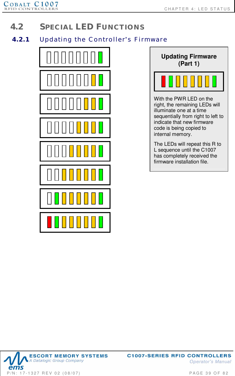                                                          CHAPTER 4: LED STATUSP/N:  17-1327  REV  02  (08/07)           PAGE 39  OF  824.2 SPECIAL LED FUNCTIONS4.2.1 Updating  the  Controllers  FirmwareUpdating Firmware(Part 1)With the PWR LED on theright, the remaining LEDs willilluminate one at a timesequentially from right to left toindicate that new firmwarecode is being copied tointernal memory.The LEDs will repeat this R toL sequence until the C1007has completely received thefirmware installation file.