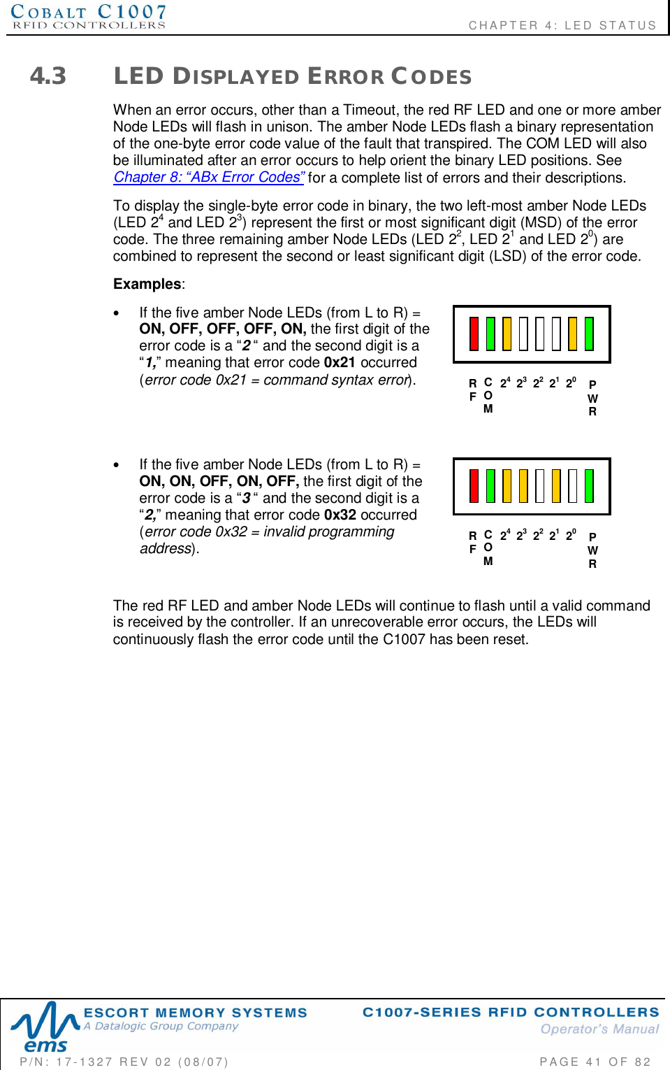                                                          CHAPTER 4: LED STATUSP/N:  17-1327  REV  02  (08/07)           PAGE 41  OF  824.3 LED DISPLAYED ERROR CODESWhen an error occurs, other than a Timeout, the red RF LED and one or more amberNode LEDs will flash in unison. The amber Node LEDs flash a binary representationof the one-byte error code value of the fault that transpired. The COM LED will alsobe illuminated after an error occurs to help orient the binary LED positions. SeeChapter 8: ABx Error Codes for a complete list of errors and their descriptions.To display the single-byte error code in binary, the two left-most amber Node LEDs(LED 24and LED 23) represent the first or most significant digit (MSD) of the errorcode. The three remaining amber Node LEDs (LED 22, LED 21and LED 20) arecombined to represent the second or least significant digit (LSD) of the error code.Examples:•If the five amber Node LEDs (from L to R) =ON, OFF, OFF, OFF, ON, the first digit of theerror code is a 2 and the second digit is a1, meaning that error code 0x21 occurred(error code 0x21 = command syntax error).•If the five amber Node LEDs (from L to R) =ON, ON, OFF, ON, OFF, the first digit of theerror code is a 3 and the second digit is a2, meaning that error code 0x32 occurred(error code 0x32 = invalid programmingaddress).The red RF LED and amber Node LEDs will continue to flash until a valid commandis received by the controller. If an unrecoverable error occurs, the LEDs willcontinuously flash the error code until the C1007 has been reset.PWR2423212220COMRFPWR2423212220COMRF