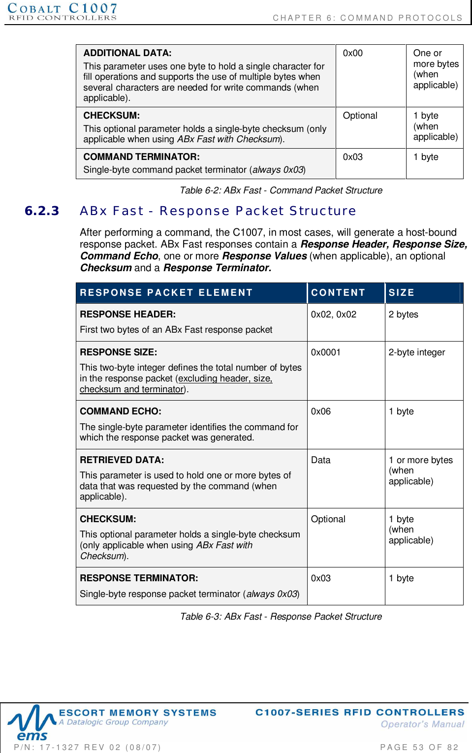                                           CHAPTER 6: COMMAND PROTOCOLSP/N:  17-1327  REV  02  (08/07)           PAGE 53  OF  82ADDITIONAL DATA:This parameter uses one byte to hold a single character forfill operations and supports the use of multiple bytes whenseveral characters are needed for write commands (whenapplicable).0x00 One ormore bytes(whenapplicable)CHECKSUM:This optional parameter holds a single-byte checksum (onlyapplicable when using ABx Fast with Checksum).Optional  1 byte(whenapplicable)COMMAND TERMINATOR:Single-byte command packet terminator (always 0x03)0x03 1 byteTable 6-2: ABx Fast - Command Packet Structure6.2.3 ABx  Fast  -  Response  Packet  StructureAfter performing a command, the C1007, in most cases, will generate a host-boundresponse packet. ABx Fast responses contain a Response Header, Response Size,Command Echo, one or more Response Values (when applicable), an optionalChecksum and a Response Terminator.RESPONSE  PACKET  ELEMENT CONTENT SIZERESPONSE HEADER:First two bytes of an ABx Fast response packet0x02, 0x02  2 bytesRESPONSE SIZE:This two-byte integer defines the total number of bytesin the response packet (excluding header, size,checksum and terminator).0x0001 2-byte integerCOMMAND ECHO:The single-byte parameter identifies the command forwhich the response packet was generated.0x06 1 byteRETRIEVED DATA:This parameter is used to hold one or more bytes ofdata that was requested by the command (whenapplicable).Data 1 or more bytes(whenapplicable)CHECKSUM:This optional parameter holds a single-byte checksum(only applicable when using ABx Fast withChecksum).Optional 1 byte(whenapplicable)RESPONSE TERMINATOR:Single-byte response packet terminator (always 0x03)0x03 1 byteTable 6-3: ABx Fast - Response Packet Structure