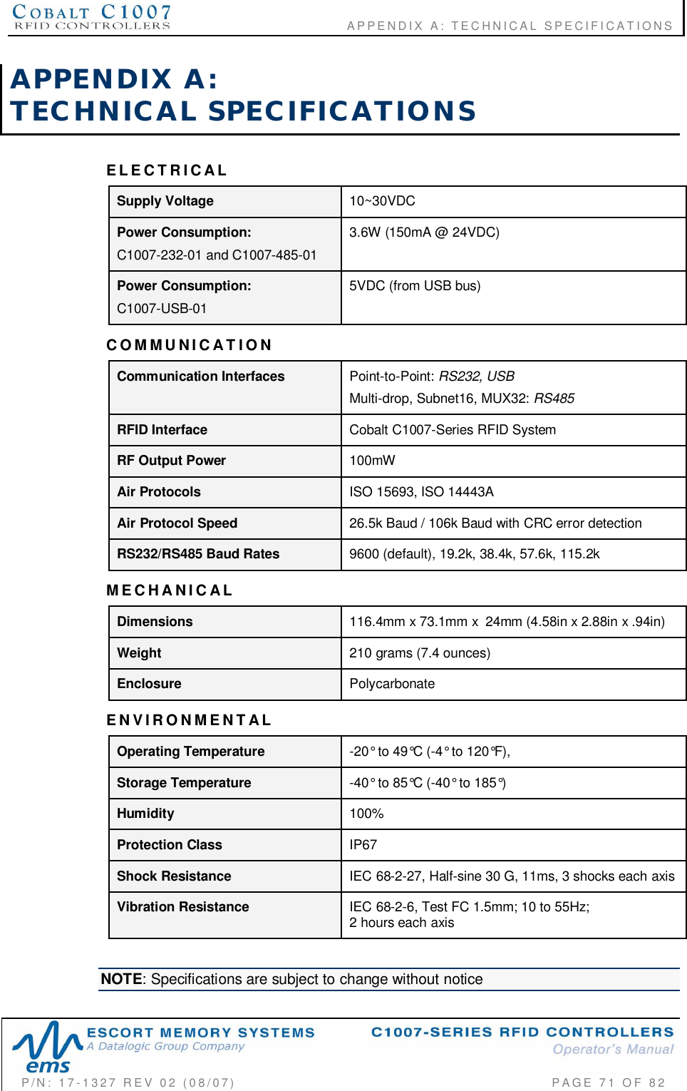                                  APPENDIX  A:  TECHNICAL  SPECIFICATIONSP/N:  17-1327  REV  02  (08/07)           PAGE 71  OF  82APPENDIX  A:TECHNICAL  SPECIFICATIONSELECTRICALSupply Voltage 10~30VDCPower Consumption:C1007-232-01 and C1007-485-013.6W (150mA @ 24VDC)Power Consumption:C1007-USB-015VDC (from USB bus)COMMUNICATIONCommunication Interfaces Point-to-Point: RS232, USBMulti-drop, Subnet16, MUX32: RS485RFID Interface Cobalt C1007-Series RFID SystemRF Output Power 100mWAir Protocols ISO 15693, ISO 14443AAir Protocol Speed 26.5k Baud / 106k Baud with CRC error detectionRS232/RS485 Baud Rates 9600 (default), 19.2k, 38.4k, 57.6k, 115.2kMECHANICALDimensions 116.4mm x 73.1mm x  24mm (4.58in x 2.88in x .94in)Weight 210 grams (7.4 ounces)Enclosure PolycarbonateENVIRONMENTALOperating Temperature -20° to 49°C (-4° to 120°F),Storage Temperature -40° to 85°C (-40° to 185°)Humidity 100%Protection Class IP67Shock Resistance IEC 68-2-27, Half-sine 30 G, 11ms, 3 shocks each axisVibration Resistance IEC 68-2-6, Test FC 1.5mm; 10 to 55Hz;2 hours each axisNOTE: Specifications are subject to change without notice