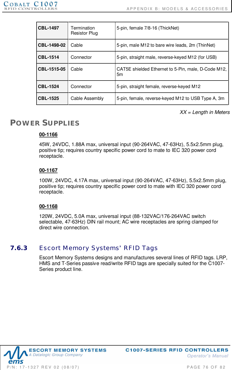                                       APPENDIX B:  MODELS &amp; ACCESSORIESP/N:  17-1327  REV  02  (08/07)           PAGE 76  OF  82CBL-1497 TerminationResistor Plug 5-pin, female 7/8-16 (ThickNet)CBL-1498-02 Cable 5-pin, male M12 to bare wire leads, 2m (ThinNet)CBL-1514 Connector 5-pin, straight male, reverse-keyed M12 (for USB)CBL-1515-05 Cable CAT5E shielded Ethernet to 5-Pin, male, D-Code M12,5mCBL-1524 Connector 5-pin, straight female, reverse-keyed M12CBL-1525 Cable Assembly  5-pin, female, reverse-keyed M12 to USB Type A, 3mXX = Length in MetersPOWER SUPPLIES00-116645W, 24VDC, 1.88A max, universal input (90-264VAC, 47-63Hz), 5.5x2.5mm plug,positive tip; requires country specific power cord to mate to IEC 320 power cordreceptacle.00-1167100W, 24VDC, 4.17A max, universal input (90-264VAC, 47-63Hz), 5.5x2.5mm plug,positive tip; requires country specific power cord to mate with IEC 320 power cordreceptacle.00-1168120W, 24VDC, 5.0A max, universal input (88-132VAC/176-264VAC switchselectable, 47-63Hz) DIN rail mount; AC wire receptacles are spring clamped fordirect wire connection.7.6.3 Escort  Memory  Systems  RFID  TagsEscort Memory Systems designs and manufactures several lines of RFID tags. LRP,HMS and T-Series passive read/write RFID tags are specially suited for the C1007-Series product line.