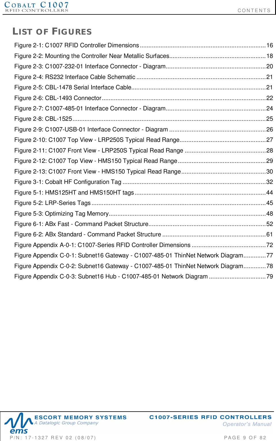                                                                              CONTENTSP/N:  17-1327  REV  02  (08/07)           PAGE 9 OF 82LIST  OF FIGURESFigure 2-1: C1007 RFID Controller Dimensions.........................................................................16Figure 2-2: Mounting the Controller Near Metallic Surfaces........................................................18Figure 2-3: C1007-232-01 Interface Connector - Diagram..........................................................20Figure 2-4: RS232 Interface Cable Schematic ...........................................................................21Figure 2-5: CBL-1478 Serial Interface Cable..............................................................................21Figure  2-6:  CBL-1493  Connector ...............................................................................................22Figure 2-7: C1007-485-01 Interface Connector - Diagram..........................................................24Figure  2-8:  CBL-1525................................................................................................................25Figure 2-9: C1007-USB-01 Interface Connector - Diagram ........................................................26Figure 2-10: C1007 Top View - LRP250S Typical Read Range..................................................27Figure 2-11: C1007 Front View - LRP250S Typical Read Range ...............................................28Figure 2-12: C1007 Top View - HMS150 Typical Read Range...................................................29Figure 2-13: C1007 Front View - HMS150 Typical Read Range.................................................30Figure 3-1: Cobalt HF Configuration Tag ...................................................................................32Figure 5-1: HMS125HT and HMS150HT tags............................................................................44Figure  5-2:  LRP-Series  Tags..................................................................................................... 45Figure 5-3:  Optimizing Tag Memory...........................................................................................48Figure 6-1: ABx Fast - Command Packet Structure....................................................................52Figure 6-2: ABx Standard - Command Packet Structure ............................................................61Figure Appendix A-0-1: C1007-Series RFID Controller Dimensions ...........................................72Figure Appendix C-0-1: Subnet16 Gateway - C1007-485-01 ThinNet Network Diagram.............77Figure Appendix C-0-2: Subnet16 Gateway - C1007-485-01 ThinNet Network Diagram.............78Figure Appendix C-0-3: Subnet16 Hub - C1007-485-01 Network Diagram .................................79