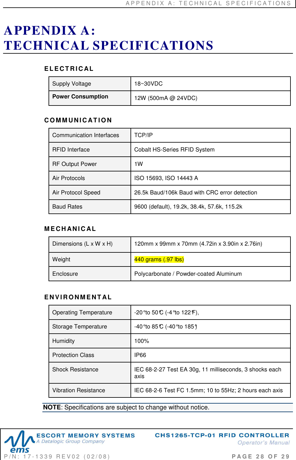 A P P E N D I X   A :   T E C H N I C A L   S P E C I F I C A T I O N S   P / N :   1 7 - 1 3 3 9   R E V 0 2   ( 0 2 / 0 8 )                                                                                     P A G E   2 8   O F   2 9  APPENDIX A:  TECHNICAL SPECIFICATIONS EL E CTRIC AL  Supply Voltage  18~30VDC Power Consumption  12W (500mA @ 24VDC)   COM M U N IC AT I O N  Communication Interfaces  TCP/IP RFID Interface    Cobalt HS-Series RFID System RF Output Power    1W Air Protocols  ISO 15693, ISO 14443 A Air Protocol Speed  26.5k Baud/106k Baud with CRC error detection Baud Rates  9600 (default), 19.2k, 38.4k, 57.6k, 115.2k  M ECH AN I C AL  Dimensions (L x W x H)  120mm x 99mm x 70mm (4.72in x 3.90in x 2.76in) Weight  440 grams (.97 lbs) Enclosure  Polycarbonate / Powder-coated Aluminum    EN V I R ON M E NT AL  Operating Temperature  -20° to 50°C (-4° to 122°F), Storage Temperature  -40° to 85°C (-40° to 185°) Humidity  100% Protection Class  IP66 Shock Resistance  IEC 68-2-27 Test EA 30g, 11 milliseconds, 3 shocks each axis Vibration Resistance  IEC 68-2-6 Test FC 1.5mm; 10 to 55Hz; 2 hours each axis NOTE: Specifications are subject to change without notice.