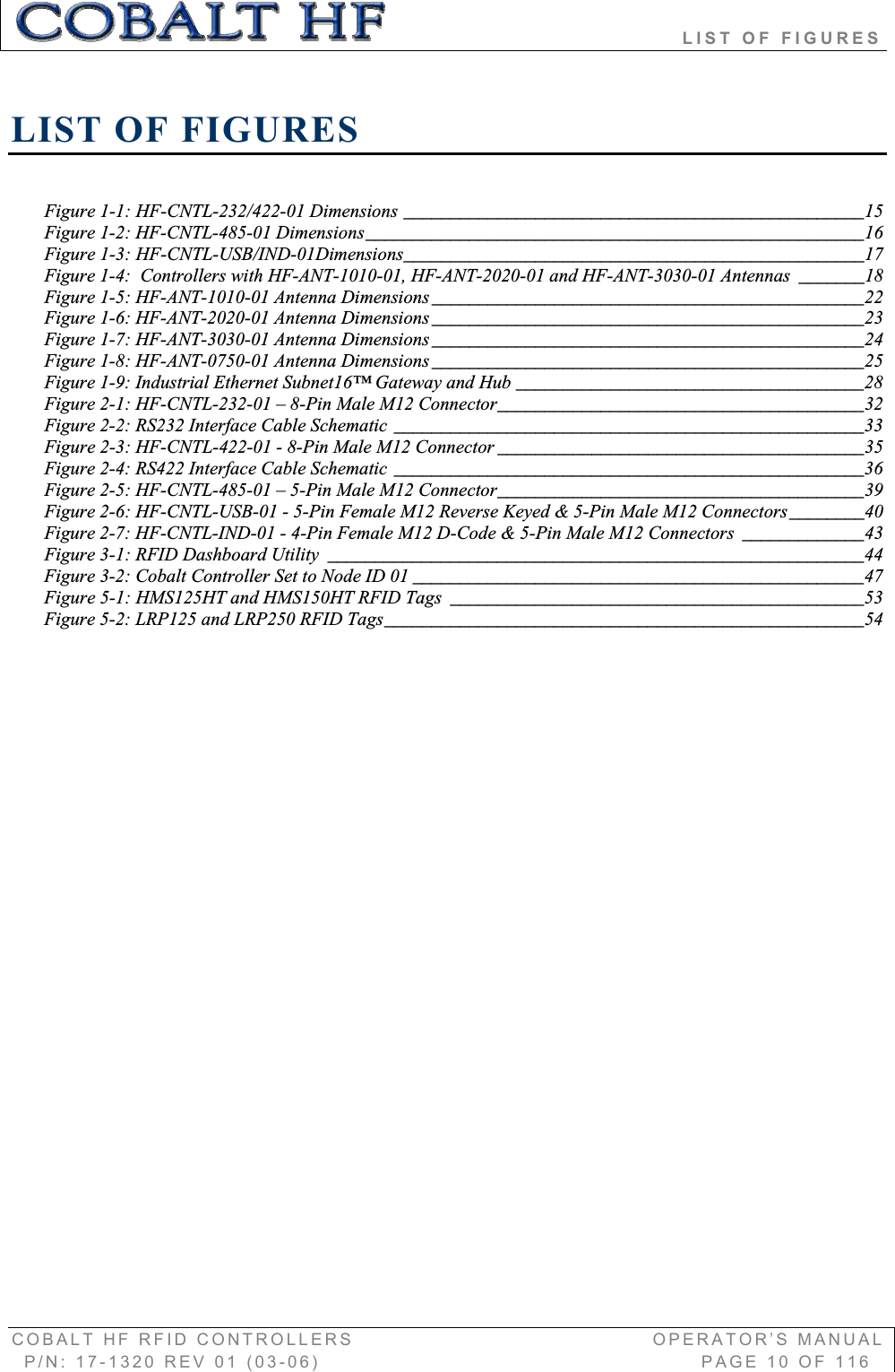                                    LIST OF FIGURES COBALT HF RFID CONTROLLERS                                        OPERATOR’S MANUAL P/N: 17-1320 REV 01 (03-06)                                                   PAGE 10 OF 116 LIST OF FIGURES Figure 1-1: HF-CNTL-232/422-01 Dimensions _________________________________________________15Figure 1-2: HF-CNTL-485-01 Dimensions_____________________________________________________16Figure 1-3: HF-CNTL-USB/IND-01Dimensions_________________________________________________17Figure 1-4:  Controllers with HF-ANT-1010-01, HF-ANT-2020-01 and HF-ANT-3030-01 Antennas _______18Figure 1-5: HF-ANT-1010-01 Antenna Dimensions ______________________________________________22Figure 1-6: HF-ANT-2020-01 Antenna Dimensions ______________________________________________23Figure 1-7: HF-ANT-3030-01 Antenna Dimensions ______________________________________________24Figure 1-8: HF-ANT-0750-01 Antenna Dimensions ______________________________________________25Figure 1-9: Industrial Ethernet Subnet16™ Gateway and Hub _____________________________________28Figure 2-1: HF-CNTL-232-01 – 8-Pin Male M12 Connector_______________________________________32Figure 2-2: RS232 Interface Cable Schematic __________________________________________________33Figure 2-3: HF-CNTL-422-01 - 8-Pin Male M12 Connector _______________________________________35Figure 2-4: RS422 Interface Cable Schematic __________________________________________________36Figure 2-5: HF-CNTL-485-01 – 5-Pin Male M12 Connector_______________________________________39Figure 2-6: HF-CNTL-USB-01 - 5-Pin Female M12 Reverse Keyed &amp; 5-Pin Male M12 Connectors________40Figure 2-7: HF-CNTL-IND-01 - 4-Pin Female M12 D-Code &amp; 5-Pin Male M12 Connectors _____________43Figure 3-1: RFID Dashboard Utility _________________________________________________________44Figure 3-2: Cobalt Controller Set to Node ID 01 ________________________________________________47Figure 5-1: HMS125HT and HMS150HT RFID Tags ____________________________________________53Figure 5-2: LRP125 and LRP250 RFID Tags___________________________________________________54