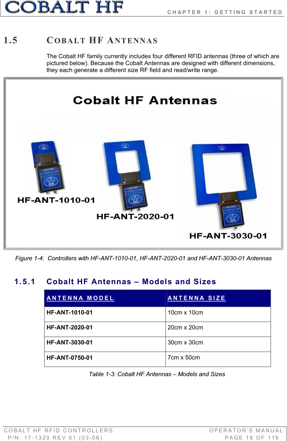                 CHAPTER 1: GETTING STARTED COBALT HF RFID CONTROLLERS                                        OPERATOR’S MANUAL P/N: 17-1320 REV 01 (03-06)                                                   PAGE 18 OF 116 1.5 COBALT HF ANTENNASThe Cobalt HF family currently includes four different RFID antennas (three of which are pictured below). Because the Cobalt Antennas are designed with different dimensions, they each generate a different size RF field and read/write range.  Figure 1-4:  Controllers with HF-ANT-1010-01, HF-ANT-2020-01 and HF-ANT-3030-01 Antennas 1.5.1  Cobalt HF Antennas – Models and Sizes ANTENNA MODEL ANTENNA SIZEHF-ANT-1010-01  10cm x 10cm HF-ANT-2020-01  20cm x 20cm HF-ANT-3030-01  30cm x 30cm HF-ANT-0750-01  7cm x 50cm Table 1-3: Cobalt HF Antennas – Models and Sizes 