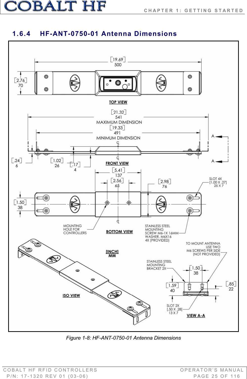                 CHAPTER 1: GETTING STARTED COBALT HF RFID CONTROLLERS                                        OPERATOR’S MANUAL P/N: 17-1320 REV 01 (03-06)                                                   PAGE 25 OF 116 1.6.4 HF-ANT-0750-01 Antenna Dimensions Figure 1-8: HF-ANT-0750-01 Antenna Dimensions 