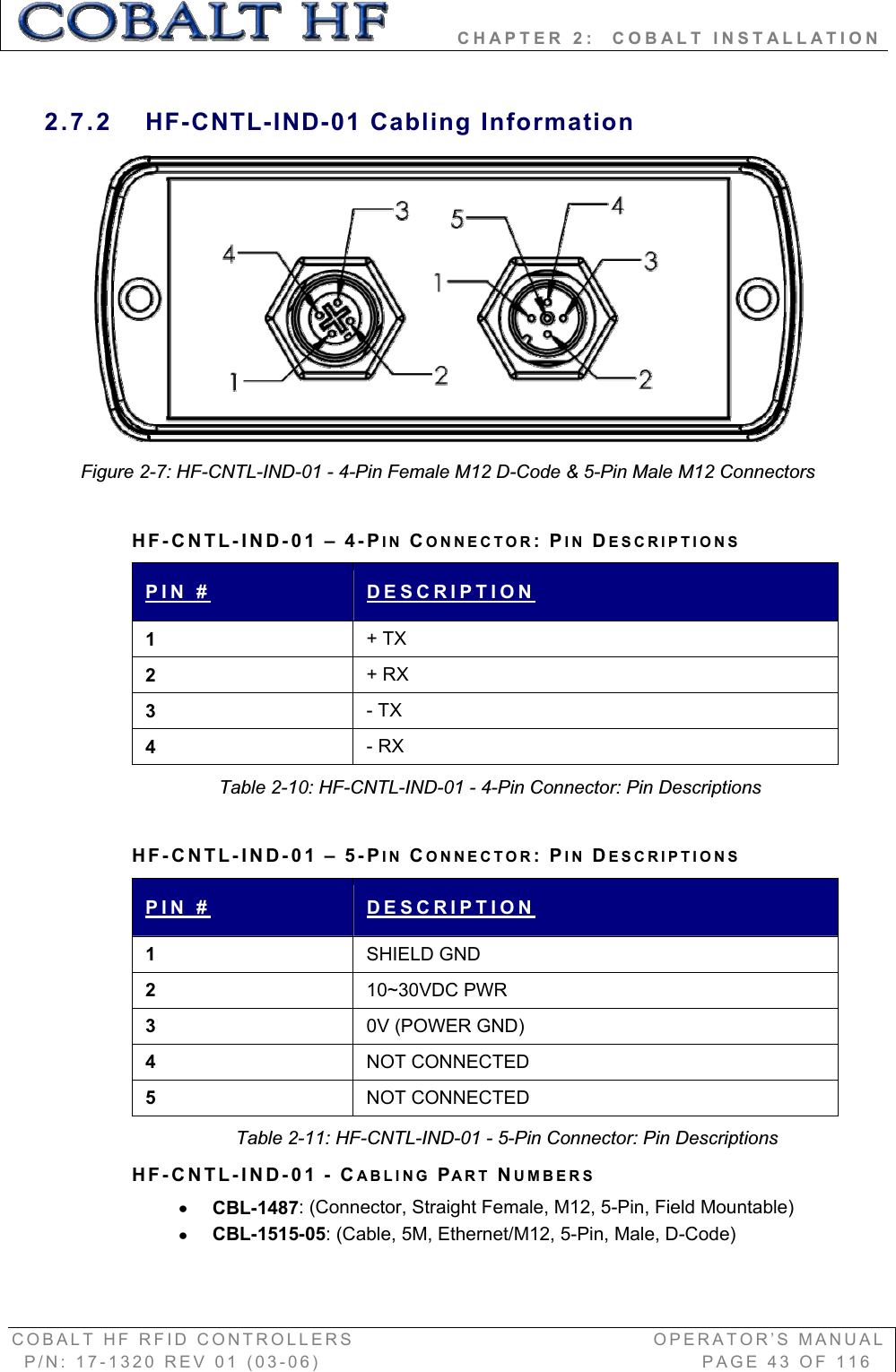         CHAPTER 2:  COBALT INSTALLATION COBALT HF RFID CONTROLLERS                                        OPERATOR’S MANUAL P/N: 17-1320 REV 01 (03-06)                                                   PAGE 43 OF 116 2.7.2 HF-CNTL-IND-01 Cabling Information Figure 2-7: HF-CNTL-IND-01 - 4-Pin Female M12 D-Code &amp; 5-Pin Male M12 Connectors HF-CNTL-IND-01 – 4-PIN CONNECTOR:PIN DESCRIPTIONSPIN # DESCRIPTION1+ TX 2+ RX3- TX4- RXTable 2-10: HF-CNTL-IND-01 - 4-Pin Connector: Pin Descriptions HF-CNTL-IND-01 – 5-PIN CONNECTOR:PIN DESCRIPTIONSPIN # DESCRIPTION1SHIELD GND 210~30VDC PWR30V (POWER GND)4NOT CONNECTED5NOT CONNECTED Table 2-11: HF-CNTL-IND-01 - 5-Pin Connector: Pin Descriptions HF-CNTL-IND-01 -CABLING PART NUMBERS xCBL-1487: (Connector, Straight Female, M12, 5-Pin, Field Mountable) xCBL-1515-05: (Cable, 5M, Ethernet/M12, 5-Pin, Male, D-Code)  