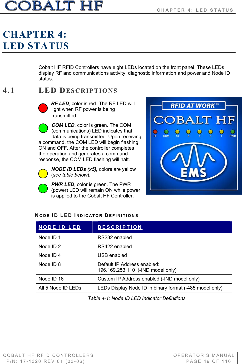                         CHAPTER 4: LED STATUS COBALT HF RFID CONTROLLERS                                        OPERATOR’S MANUAL P/N: 17-1320 REV 01 (03-06)                                                   PAGE 49 OF 116 CHAPTER 4:LED STATUS Cobalt HF RFID Controllers have eight LEDs located on the front panel. These LEDs display RF and communications activity, diagnostic information and power and Node ID status.4.1 LED DESCRIPTIONSRF LED, color is red. The RF LED will light when RF power is being transmitted.COM LED, color is green. The COM (communications) LED indicates that data is being transmitted. Upon receiving a command, the COM LED will begin flashing ON and OFF. After the controller completes the operation and generates a command response, the COM LED flashing will halt.  NODE ID LEDs (x5), colors are yellow (see table below).PWR LED, color is green. The PWR (power) LED will remain ON while power is applied to the Cobalt HF Controller. NODE ID LED INDICATOR DEFINITIONSNODE ID LED  DESCRIPTIONNode ID 1  RS232 enabled Node ID 2  RS422 enabled Node ID 4  USB enabled Node ID 8  Default IP Address enabled:  196.169.253.110  (-IND model only) Node ID 16  Custom IP Address enabled (-IND model only) All 5 Node ID LEDs  LEDs Display Node ID in binary format (-485 model only) Table 4-1: Node ID LED Indicator Definitions 