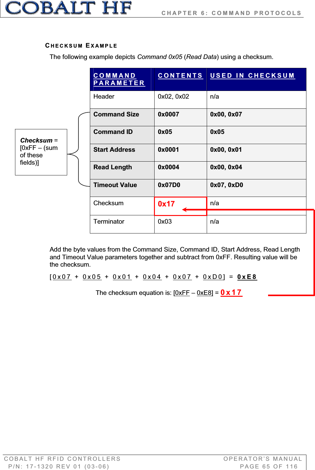           CHAPTER 6: COMMAND PROTOCOLS COBALT HF RFID CONTROLLERS                                        OPERATOR’S MANUAL P/N: 17-1320 REV 01 (03-06)                                                   PAGE 65 OF 116 CHECKSUM EXAMPLEThe following example depicts Command 0x05 (Read Data) using a checksum. COMMANDPARAMETERCONTENTS USED IN CHECKSUMHeader 0x02, 0x02 n/a Command Size  0x0007  0x00, 0x07 Command ID  0x05 0x05Start Address  0x0001  0x00, 0x01 Read Length  0x0004  0x00, 0x04 Timeout Value  0x07D0  0x07, 0xD0 Checksum  0x17 n/aTerminator 0x03  n/a Add the byte values from the Command Size, Command ID, Start Address, Read Length and Timeout Value parameters together and subtract from 0xFF. Resulting value will be the checksum. [0x07 + 0x05 + 0x01 + 0x04 + 0x07 + 0xD0] = 0xE8The checksum equation is: [0xFF – 0xE8] = 0x17Checksum = [0xFF – (sum of these fields)]