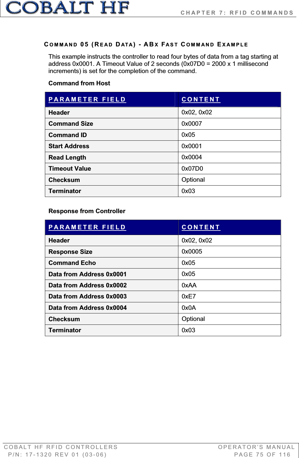                   CHAPTER 7: RFID COMMANDS COBALT HF RFID CONTROLLERS                                        OPERATOR’S MANUAL P/N: 17-1320 REV 01 (03-06)                                                   PAGE 75 OF 116 COMMAND 05 (READ DATA)-ABXFAST COMMAND EXAMPLEThis example instructs the controller to read four bytes of data from a tag starting at address 0x0001. A Timeout Value of 2 seconds (0x07D0 = 2000 x 1 millisecond increments) is set for the completion of the command. Command from Host  PARAMETER FIELD CONTENTHeader  0x02, 0x02 Command Size  0x0007Command ID  0x05Start Address  0x0001Read Length  0x0004Timeout Value  0x07D0Checksum  OptionalTerminator  0x03Response from Controller PARAMETER FIELD CONTENTHeader  0x02, 0x02 Response Size  0x0005Command Echo  0x05Data from Address 0x0001  0x05Data from Address 0x0002  0xAAData from Address 0x0003  0xE7Data from Address 0x0004  0x0AChecksum  OptionalTerminator  0x03