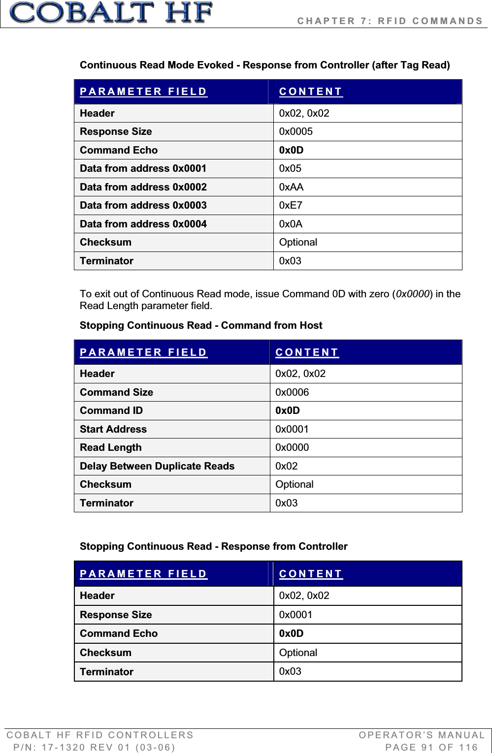                   CHAPTER 7: RFID COMMANDS COBALT HF RFID CONTROLLERS                                        OPERATOR’S MANUAL P/N: 17-1320 REV 01 (03-06)                                                   PAGE 91 OF 116 Continuous Read Mode Evoked - Response from Controller (after Tag Read)PARAMETER FIELD CONTENTHeader  0x02, 0x02 Response Size  0x0005Command Echo  0x0D Data from address 0x0001  0x05Data from address 0x0002  0xAAData from address 0x0003  0xE7Data from address 0x0004  0x0AChecksum  OptionalTerminator  0x03To exit out of Continuous Read mode, issue Command 0D with zero (0x0000) in the Read Length parameter field. Stopping Continuous Read - Command from Host  PARAMETER FIELD CONTENTHeader  0x02, 0x02 Command Size  0x0006Command ID  0x0D Start Address  0x0001Read Length  0x0000Delay Between Duplicate Reads  0x02Checksum  OptionalTerminator  0x03Stopping Continuous Read - Response from Controller PARAMETER FIELD CONTENTHeader  0x02, 0x02 Response Size  0x0001Command Echo  0x0D Checksum  OptionalTerminator  0x03