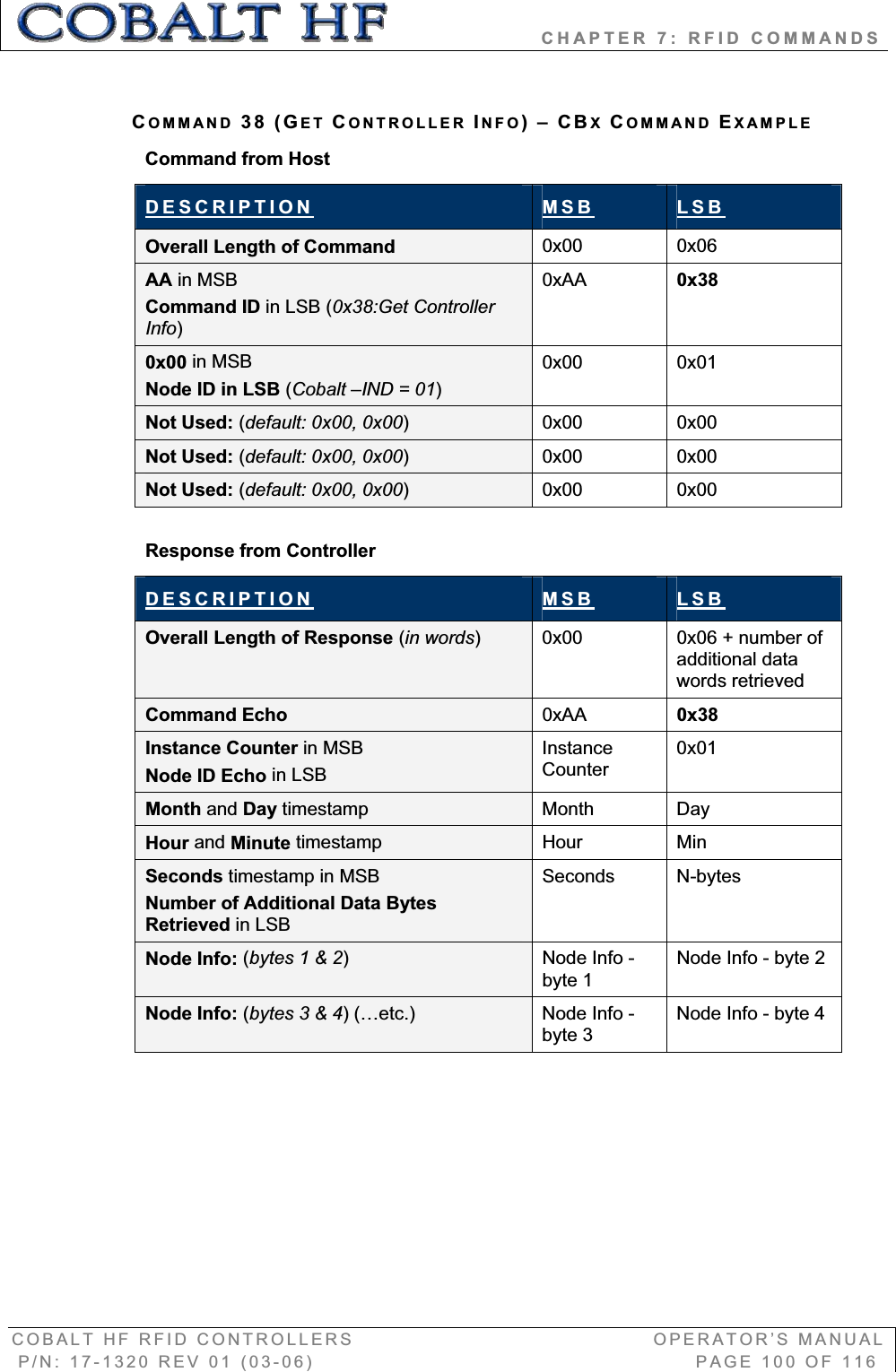                   CHAPTER 7: RFID COMMANDS COBALT HF RFID CONTROLLERS                                        OPERATOR’S MANUAL P/N: 17-1320 REV 01 (03-06)                                                   PAGE 100 OF 116 COMMAND 38 (GET CONTROLLER INFO)–CBXCOMMAND EXAMPLECommand from Host DESCRIPTION MSB LSBOverall Length of Command  0x00 0x06 AA in MSB Command ID in LSB (0x38:Get Controller Info)0xAA 0x380x00 in MSB Node ID in LSB (Cobalt –IND = 01)0x00 0x01 Not Used: (default: 0x00, 0x00)0x00 0x00 Not Used: (default: 0x00, 0x00)0x00 0x00 Not Used: (default: 0x00, 0x00)0x00 0x00 Response from Controller DESCRIPTION MSB LSBOverall Length of Response (in words)0x00  0x06 + number of additional data words retrieved Command Echo  0xAA 0x38Instance Counter in MSB Node ID Echo in LSBInstance Counter 0x01Month and Day timestamp Month Day Hour and Minute timestamp Hour Min Seconds timestamp in MSB Number of Additional Data Bytes Retrieved in LSBSeconds N-bytes Node Info: (bytes 1 &amp; 2)Node Info - byte 1 Node Info - byte 2 Node Info: (bytes 3 &amp; 4) (…etc.) Node Info - byte 3 Node Info - byte 4 