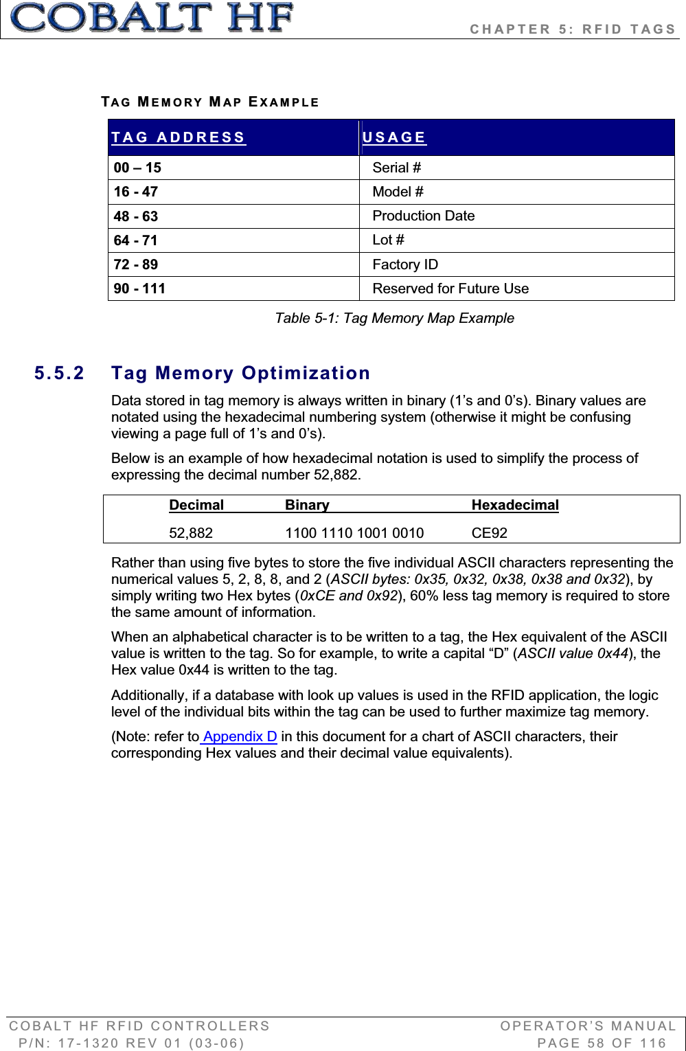                            CHAPTER 5: RFID TAGS COBALT HF RFID CONTROLLERS                                        OPERATOR’S MANUAL P/N: 17-1320 REV 01 (03-06)                                                   PAGE 58 OF 116 TAG MEMORY MAP EXAMPLETAG ADDRESS USAGE00 – 15  Serial # 16 - 47  Model # 48 - 63  Production Date 64 - 71  Lot # 72 - 89  Factory ID 90 - 111  Reserved for Future Use Table 5-1: Tag Memory Map Example 5.5.2 Tag Memory Optimization Data stored in tag memory is always written in binary (1’s and 0’s). Binary values are notated using the hexadecimal numbering system (otherwise it might be confusing viewing a page full of 1’s and 0’s). Below is an example of how hexadecimal notation is used to simplify the process of expressing the decimal number 52,882. Decimal Binary     Hexadecimal    52,882  1100 1110 1001 0010  CE92 Rather than using five bytes to store the five individual ASCII characters representing the numerical values 5, 2, 8, 8, and 2 (ASCII bytes: 0x35, 0x32, 0x38, 0x38 and 0x32), by simply writing two Hex bytes (0xCE and 0x92), 60% less tag memory is required to store the same amount of information. When an alphabetical character is to be written to a tag, the Hex equivalent of the ASCII value is written to the tag. So for example, to write a capital “D” (ASCII value 0x44), the Hex value 0x44 is written to the tag. Additionally, if a database with look up values is used in the RFID application, the logic level of the individual bits within the tag can be used to further maximize tag memory. (Note: refer to Appendix D in this document for a chart of ASCII characters, their corresponding Hex values and their decimal value equivalents). 