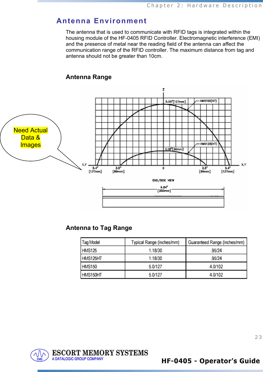  Chapter 2: Hardware Description 23   Antenna Environment The antenna that is used to communicate with RFID tags is integrated within the housing module of the HF-0405 RFID Controller. Electromagnetic interference (EMI) and the presence of metal near the reading field of the antenna can affect the communication range of the RFID controller. The maximum distance from tag and antenna should not be greater than 10cm.     Antenna Range   Antenna to Tag Range  Need Actual Data &amp; Images 