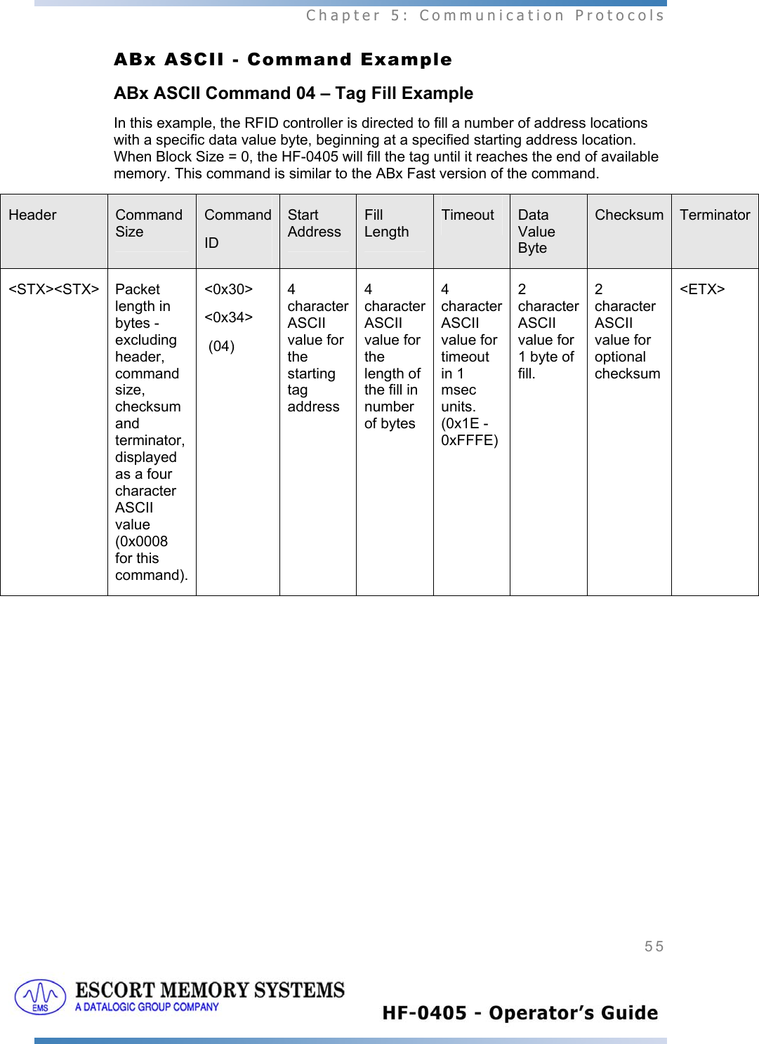  Chapter 5: Communication Protocols 55   ABx ASCII - Command Example ABx ASCII Command 04 – Tag Fill Example In this example, the RFID controller is directed to fill a number of address locations with a specific data value byte, beginning at a specified starting address location. When Block Size = 0, the HF-0405 will fill the tag until it reaches the end of available memory. This command is similar to the ABx Fast version of the command. Header  Command Size CommandID Start Address Fill Length Timeout  Data Value Byte Checksum Terminator&lt;STX&gt;&lt;STX&gt;  Packet length in bytes -excluding header, command size, checksum and terminator, displayed as a four character ASCII value (0x0008 for this command). &lt;0x30&gt; &lt;0x34&gt;  (04) 4 character ASCII value for the starting tag address 4 character ASCII value for the length of the fill in number of bytes 4 character ASCII value for timeout in 1 msec units. (0x1E -0xFFFE) 2 character ASCII value for 1 byte of fill. 2 character ASCII value for optional checksum &lt;ETX&gt;   