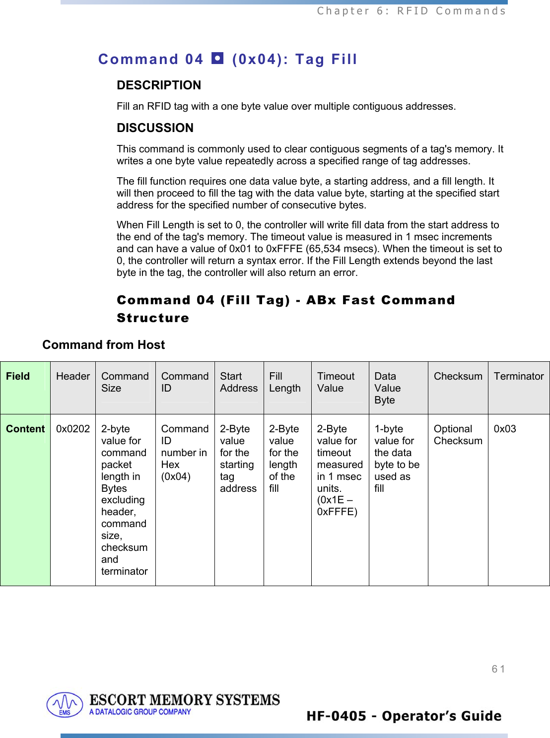  Chapter 6: RFID Commands 61   Command 04 ◘ (0x04): Tag Fill DESCRIPTION Fill an RFID tag with a one byte value over multiple contiguous addresses. DISCUSSION This command is commonly used to clear contiguous segments of a tag&apos;s memory. It writes a one byte value repeatedly across a specified range of tag addresses.  The fill function requires one data value byte, a starting address, and a fill length. It will then proceed to fill the tag with the data value byte, starting at the specified start address for the specified number of consecutive bytes.  When Fill Length is set to 0, the controller will write fill data from the start address to the end of the tag&apos;s memory. The timeout value is measured in 1 msec increments and can have a value of 0x01 to 0xFFFE (65,534 msecs). When the timeout is set to 0, the controller will return a syntax error. If the Fill Length extends beyond the last byte in the tag, the controller will also return an error.  Command 04 (Fill Tag) - ABx Fast Command Structure Command from Host  Field  Header   Command Size Command ID Start Address Fill Length  Timeout Value Data Value Byte Checksum  TerminatorContent  0x0202  2-byte value for command packet length in Bytes excluding header, command size, checksum and terminator Command ID number in Hex (0x04) 2-Byte value for the starting tag address 2-Byte value for the length of the fill 2-Byte value for timeout measured in 1 msec units. (0x1E – 0xFFFE) 1-byte value for the data byte to be used as fill Optional Checksum0x03 