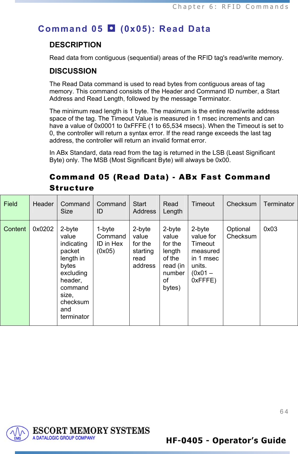  Chapter 6: RFID Commands 64   Command 05 ◘ (0x05): Read Data DESCRIPTION Read data from contiguous (sequential) areas of the RFID tag&apos;s read/write memory. DISCUSSION  The Read Data command is used to read bytes from contiguous areas of tag memory. This command consists of the Header and Command ID number, a Start Address and Read Length, followed by the message Terminator.  The minimum read length is 1 byte. The maximum is the entire read/write address space of the tag. The Timeout Value is measured in 1 msec increments and can have a value of 0x0001 to 0xFFFE (1 to 65,534 msecs). When the Timeout is set to 0, the controller will return a syntax error. If the read range exceeds the last tag address, the controller will return an invalid format error.   In ABx Standard, data read from the tag is returned in the LSB (Least Significant Byte) only. The MSB (Most Significant Byte) will always be 0x00. Command 05 (Read Data) - ABx Fast Command Structure Field  Header  Command Size Command ID Start AddressRead Length Timeout  Checksum  TerminatorContent 0x0202 2-byte value indicating packet length in bytes excluding header, command size, checksum and terminator  1-byte Command ID in Hex (0x05) 2-byte value for the starting read address 2-byte value for the length of the read (in number of bytes) 2-byte value for Timeout measured in 1 msec units. (0x01 – 0xFFFE) Optional Checksum 0x03 