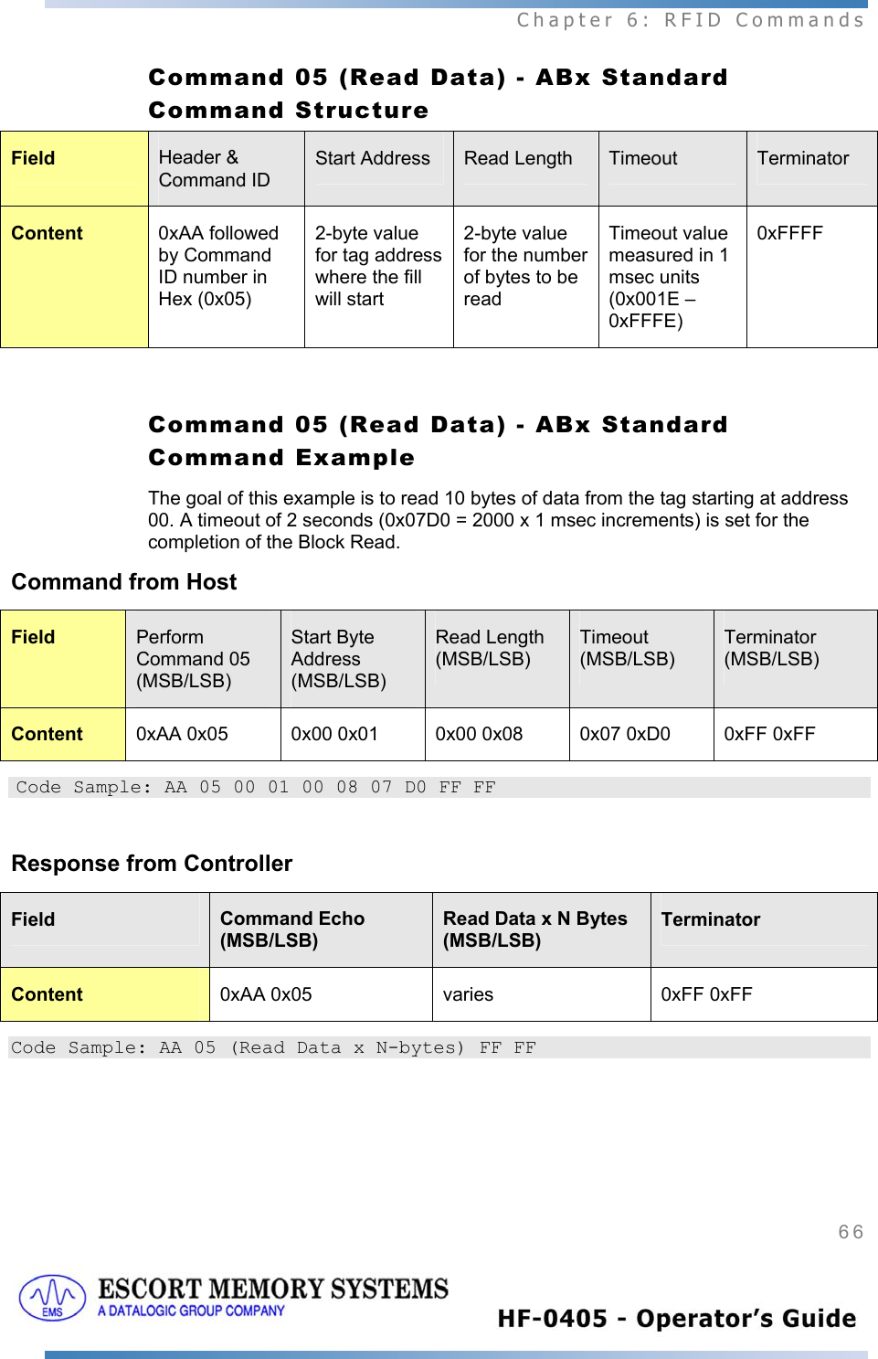  Chapter 6: RFID Commands 66   Command 05 (Read Data) - ABx Standard Command Structure Field  Header &amp; Command ID Start Address  Read Length  Timeout  Terminator Content  0xAA followed by Command ID number in Hex (0x05) 2-byte value for tag address where the fill will start 2-byte value for the number of bytes to be read Timeout value measured in 1 msec units (0x001E – 0xFFFE) 0xFFFF  Command 05 (Read Data) - ABx Standard Command Example The goal of this example is to read 10 bytes of data from the tag starting at address 00. A timeout of 2 seconds (0x07D0 = 2000 x 1 msec increments) is set for the completion of the Block Read. Command from Host Field  Perform Command 05 (MSB/LSB) Start Byte Address (MSB/LSB) Read Length (MSB/LSB) Timeout (MSB/LSB) Terminator (MSB/LSB)  Content  0xAA 0x05  0x00 0x01  0x00 0x08  0x07 0xD0  0xFF 0xFF  Code Sample: AA 05 00 01 00 08 07 D0 FF FF  Response from Controller Field  Command Echo (MSB/LSB) Read Data x N Bytes (MSB/LSB) Terminator Content  0xAA 0x05  varies  0xFF 0xFF Code Sample: AA 05 (Read Data x N-bytes) FF FF    