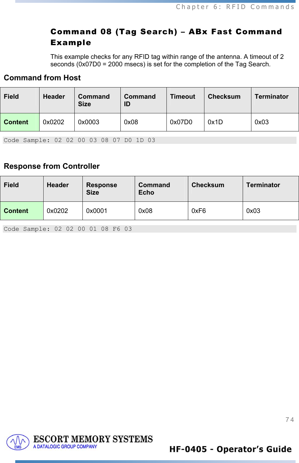  Chapter 6: RFID Commands 74   Command 08 (Tag Search) – ABx Fast Command Example This example checks for any RFID tag within range of the antenna. A timeout of 2 seconds (0x07D0 = 2000 msecs) is set for the completion of the Tag Search. Command from Host Field  Header  Command Size Command ID Timeout  Checksum  Terminator Content  0x0202 0x0003 0x08 0x07D0  0x1D 0x03 Code Sample: 02 02 00 03 08 07 D0 1D 03  Response from Controller Field  Header  Response Size Command Echo Checksum  Terminator Content  0x0202 0x0001 0x08 0xF6 0x03 Code Sample: 02 02 00 01 08 F6 03  