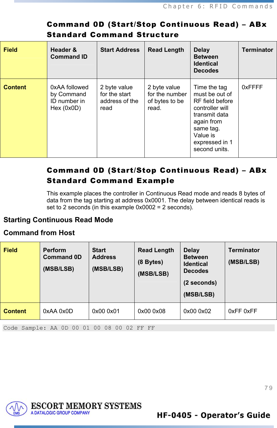  Chapter 6: RFID Commands 79   Command 0D (Start/Stop Continuous Read) – ABx Standard Command Structure Field  Header &amp; Command ID Start Address  Read Length  Delay Between Identical Decodes Terminator Content  0xAA followed by Command ID number in Hex (0x0D) 2 byte value for the start address of the read 2 byte value for the number of bytes to be read. Time the tag must be out of RF field before controller will transmit data again from same tag. Value is expressed in 1 second units. 0xFFFF Command 0D (Start/Stop Continuous Read) – ABx Standard Command Example This example places the controller in Continuous Read mode and reads 8 bytes of data from the tag starting at address 0x0001. The delay between identical reads is set to 2 seconds (in this example 0x0002 = 2 seconds). Starting Continuous Read Mode Command from Host Field  Perform Command 0D  (MSB/LSB) Start Address (MSB/LSB) Read Length  (8 Bytes) (MSB/LSB) Delay Between Identical Decodes  (2 seconds) (MSB/LSB) Terminator (MSB/LSB) Content  0xAA 0x0D  0x00 0x01  0x00 0x08  0x00 0x02  0xFF 0xFF Code Sample: AA 0D 00 01 00 08 00 02 FF FF 