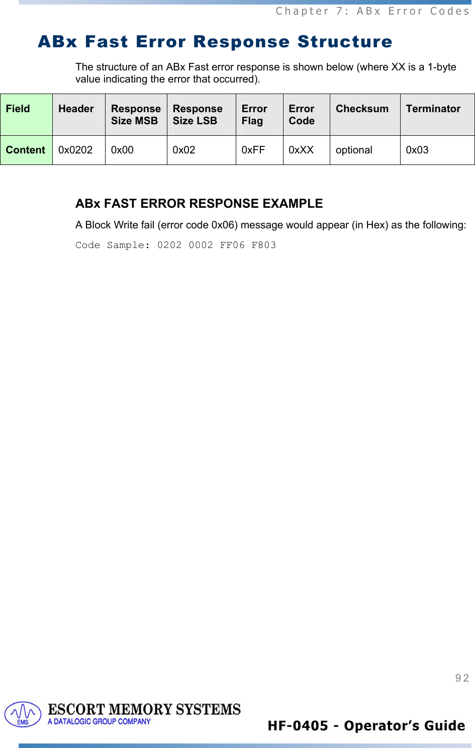  Chapter 7: ABx Error Codes 92   ABx Fast Error Response Structure The structure of an ABx Fast error response is shown below (where XX is a 1-byte value indicating the error that occurred). Field  Header  Response Size MSB Response Size LSB Error Flag Error Code Checksum  Terminator Content  0x0202 0x00  0x02  0xFF  0xXX  optional  0x03  ABx FAST ERROR RESPONSE EXAMPLE A Block Write fail (error code 0x06) message would appear (in Hex) as the following:  Code Sample: 0202 0002 FF06 F803   