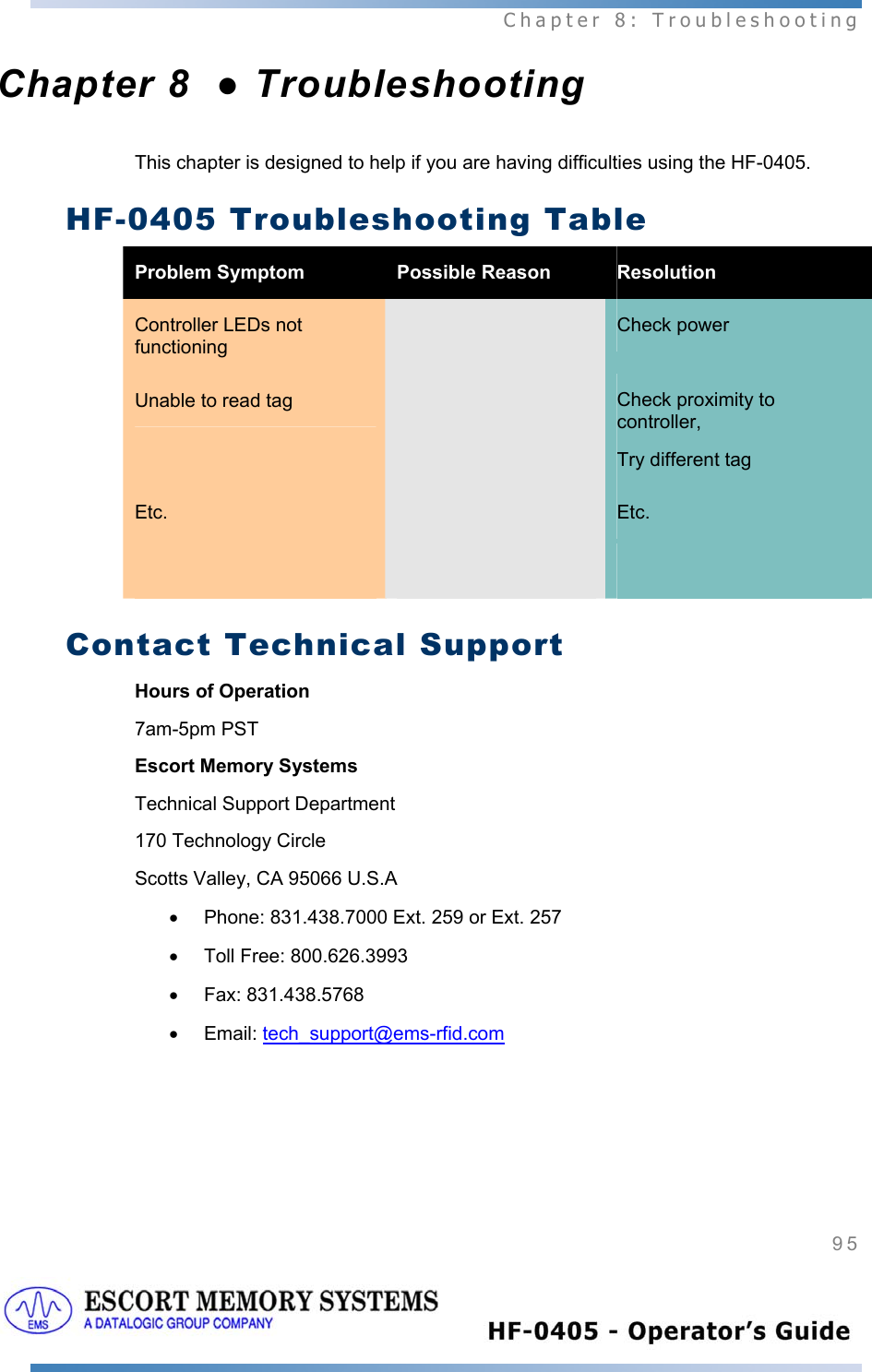  Chapter 8: Troubleshooting 95   Chapter 8  ● Troubleshooting This chapter is designed to help if you are having difficulties using the HF-0405. HF-0405 Troubleshooting Table Problem Symptom  Possible Reason  Resolution Controller LEDs not functioning   Check power Unable to read tag   Check proximity to controller,  Try different tag  Etc.   Etc.      Contact Technical Support  Hours of Operation 7am-5pm PST Escort Memory Systems  Technical Support Department  170 Technology Circle  Scotts Valley, CA 95066 U.S.A  •  Phone: 831.438.7000 Ext. 259 or Ext. 257 •  Toll Free: 800.626.3993 • Fax: 831.438.5768 • Email: tech_support@ems-rfid.com 