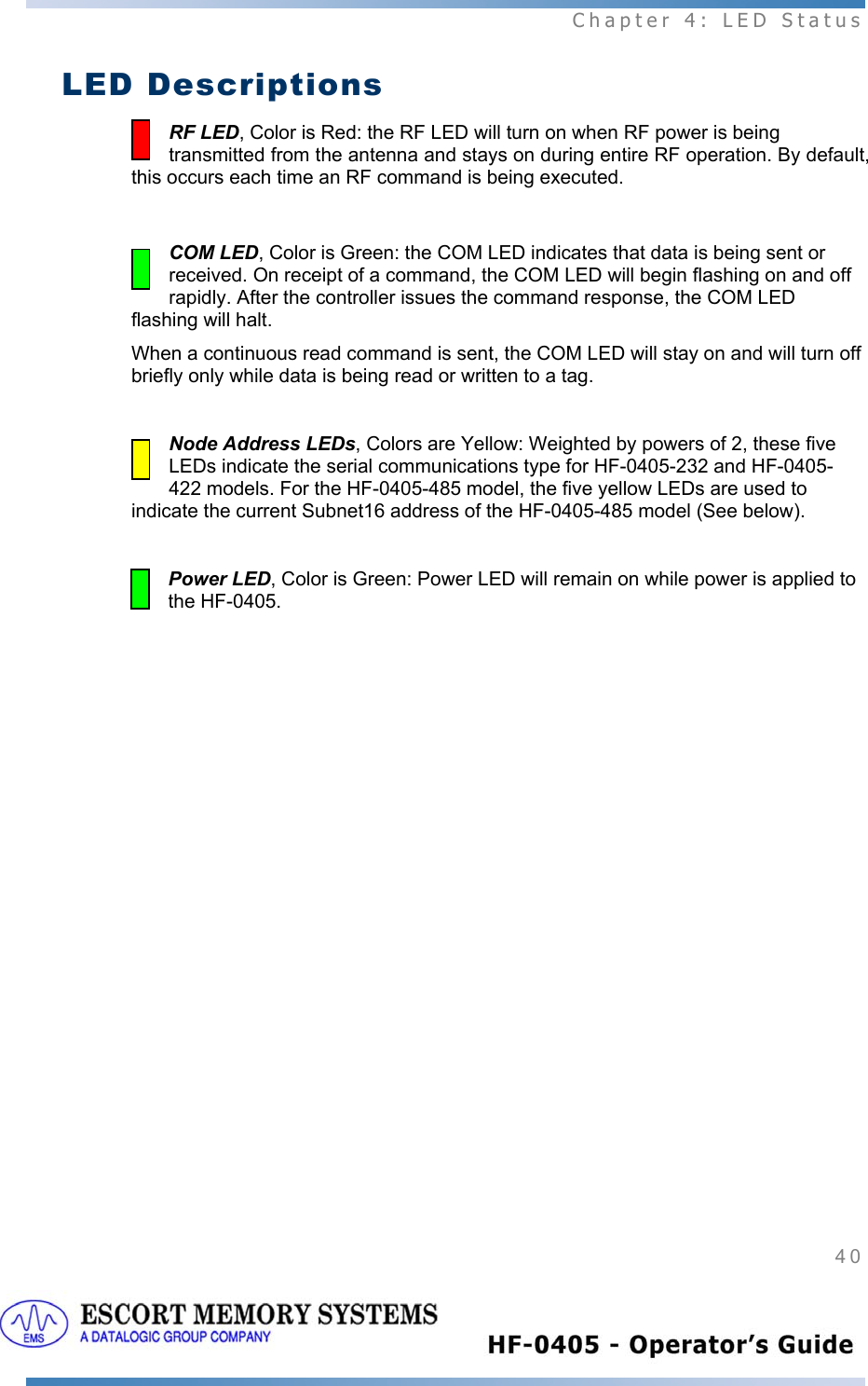  Chapter 4: LED Status 40   LED Descriptions RF LED, Color is Red: the RF LED will turn on when RF power is being transmitted from the antenna and stays on during entire RF operation. By default, this occurs each time an RF command is being executed.  COM LED, Color is Green: the COM LED indicates that data is being sent or received. On receipt of a command, the COM LED will begin flashing on and off rapidly. After the controller issues the command response, the COM LED flashing will halt.  When a continuous read command is sent, the COM LED will stay on and will turn off briefly only while data is being read or written to a tag.  Node Address LEDs, Colors are Yellow: Weighted by powers of 2, these five LEDs indicate the serial communications type for HF-0405-232 and HF-0405-422 models. For the HF-0405-485 model, the five yellow LEDs are used to indicate the current Subnet16 address of the HF-0405-485 model (See below).    Power LED, Color is Green: Power LED will remain on while power is applied to the HF-0405.  