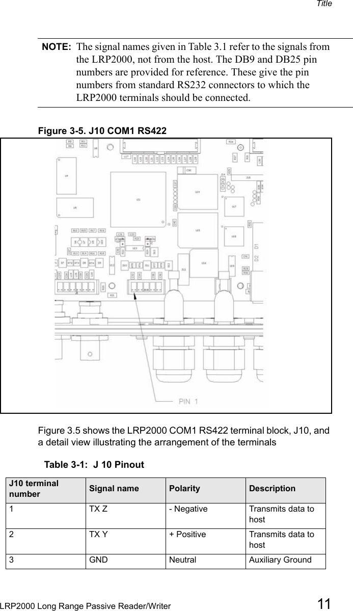TitleLRP2000 Long Range Passive Reader/Writer 11NOTE: The signal names given in Table 3.1 refer to the signals from the LRP2000, not from the host. The DB9 and DB25 pin numbers are provided for reference. These give the pin numbers from standard RS232 connectors to which the LRP2000 terminals should be connected.Figure 3-5. J10 COM1 RS422Figure 3.5 shows the LRP2000 COM1 RS422 terminal block, J10, and a detail view illustrating the arrangement of the terminalsTable 3-1:  J 10 PinoutJ10 terminal number Signal name Polarity Description1TX Z - Negative Transmits data to host2TX Y + Positive Transmits data to host3GND Neutral Auxiliary Ground
