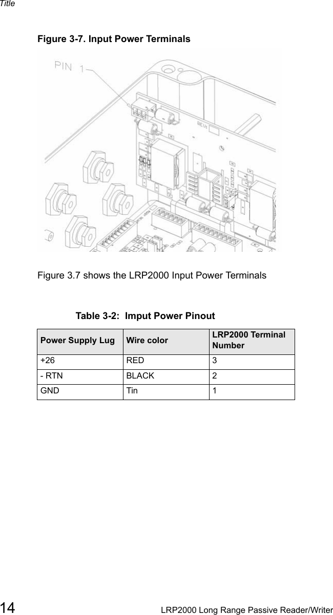 Title14 LRP2000 Long Range Passive Reader/WriterFigure 3-7. Input Power TerminalsFigure 3.7 shows the LRP2000 Input Power TerminalsTable 3-2:  Imput Power PinoutPower Supply Lug Wire color LRP2000 Terminal Number+26 RED 3- RTN BLACK 2GND Tin 1