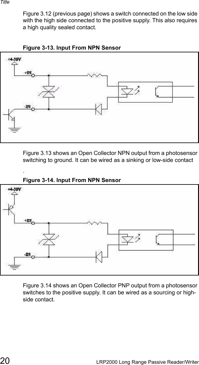 Title20 LRP2000 Long Range Passive Reader/WriterFigure 3.12 (previous page) shows a switch connected on the low side with the high side connected to the positive supply. This also requires a high quality sealed contact. Figure 3-13. Input From NPN SensorFigure 3.13 shows an Open Collector NPN output from a photosensor switching to ground. It can be wired as a sinking or low-side contact. Figure 3-14. Input From NPN SensorFigure 3.14 shows an Open Collector PNP output from a photosensor switches to the positive supply. It can be wired as a sourcing or high-side contact. 