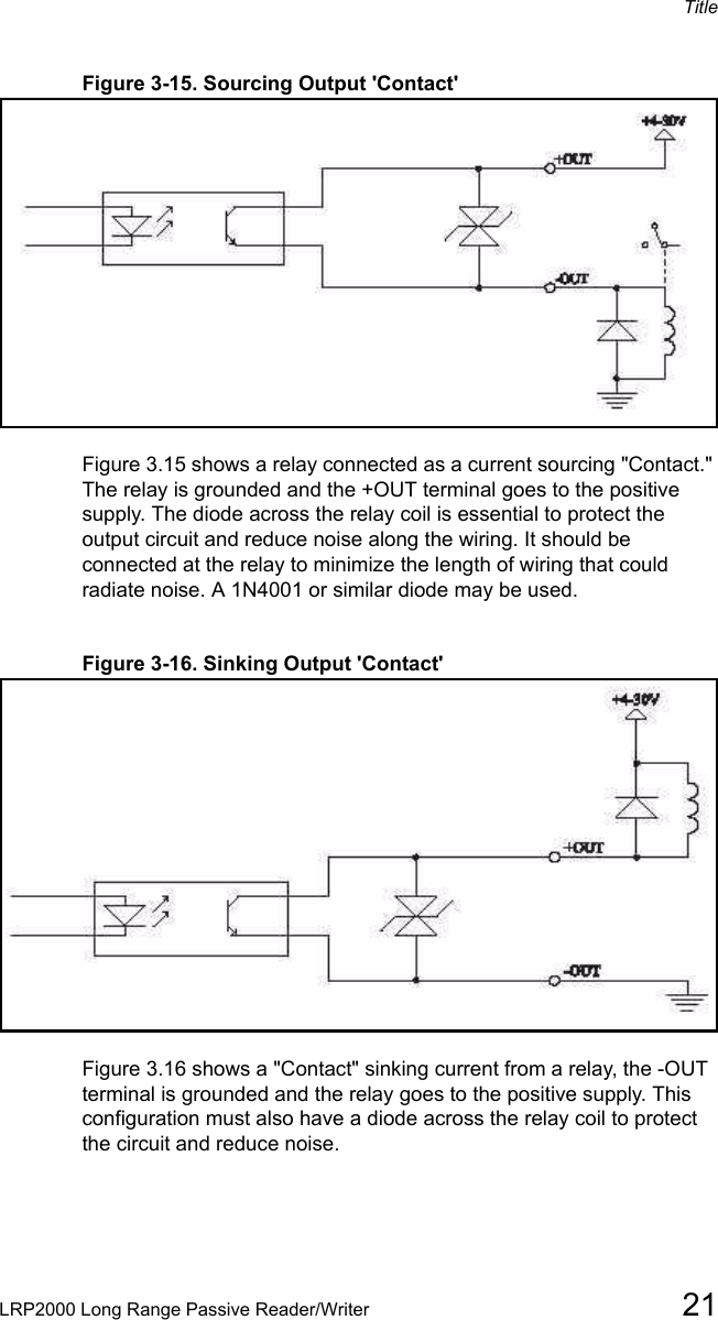 TitleLRP2000 Long Range Passive Reader/Writer 21Figure 3-15. Sourcing Output &apos;Contact&apos;Figure 3.15 shows a relay connected as a current sourcing &quot;Contact.&quot; The relay is grounded and the +OUT terminal goes to the positive supply. The diode across the relay coil is essential to protect the output circuit and reduce noise along the wiring. It should be connected at the relay to minimize the length of wiring that could radiate noise. A 1N4001 or similar diode may be used. Figure 3-16. Sinking Output &apos;Contact&apos;Figure 3.16 shows a &quot;Contact&quot; sinking current from a relay, the -OUT terminal is grounded and the relay goes to the positive supply. This configuration must also have a diode across the relay coil to protect the circuit and reduce noise.