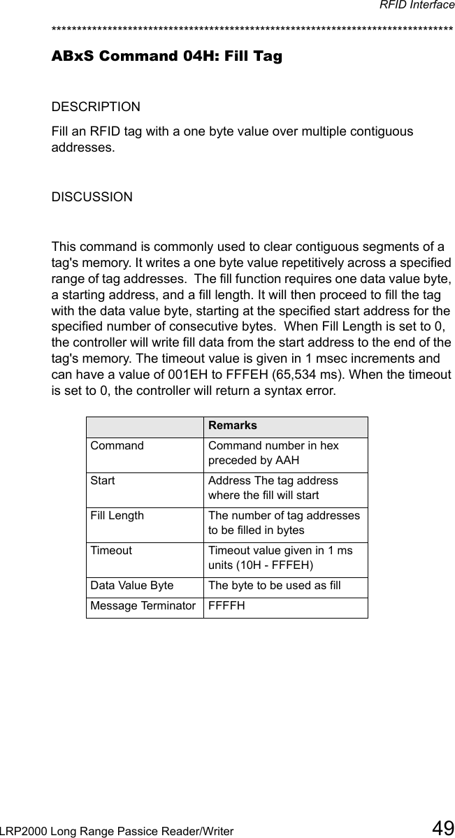 RFID InterfaceLRP2000 Long Range Passice Reader/Writer 49*******************************************************************************ABxS Command 04H: Fill TagDESCRIPTIONFill an RFID tag with a one byte value over multiple contiguous addresses.DISCUSSIONThis command is commonly used to clear contiguous segments of a tag&apos;s memory. It writes a one byte value repetitively across a specified range of tag addresses.  The fill function requires one data value byte, a starting address, and a fill length. It will then proceed to fill the tag with the data value byte, starting at the specified start address for the specified number of consecutive bytes.  When Fill Length is set to 0, the controller will write fill data from the start address to the end of the tag&apos;s memory. The timeout value is given in 1 msec increments and can have a value of 001EH to FFFEH (65,534 ms). When the timeout is set to 0, the controller will return a syntax error.Field RemarksCommand Command number in hex preceded by AAHStart Address The tag address where the fill will startFill Length The number of tag addresses to be filled in bytesTimeout Timeout value given in 1 ms units (10H - FFFEH)Data Value Byte The byte to be used as fillMessage Terminator  FFFFH