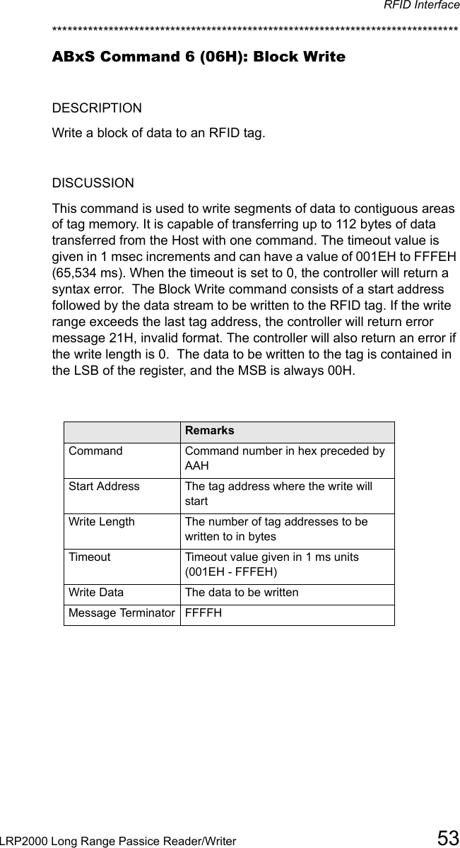 RFID InterfaceLRP2000 Long Range Passice Reader/Writer 53*******************************************************************************ABxS Command 6 (06H): Block WriteDESCRIPTIONWrite a block of data to an RFID tag.DISCUSSIONThis command is used to write segments of data to contiguous areas of tag memory. It is capable of transferring up to 112 bytes of data transferred from the Host with one command. The timeout value is given in 1 msec increments and can have a value of 001EH to FFFEH (65,534 ms). When the timeout is set to 0, the controller will return a syntax error.  The Block Write command consists of a start address followed by the data stream to be written to the RFID tag. If the write range exceeds the last tag address, the controller will return error message 21H, invalid format. The controller will also return an error if the write length is 0.  The data to be written to the tag is contained in the LSB of the register, and the MSB is always 00H.Field RemarksCommand Command number in hex preceded by AAHStart Address The tag address where the write will startWrite Length The number of tag addresses to be written to in bytesTimeout Timeout value given in 1 ms units (001EH - FFFEH)Write Data The data to be writtenMessage Terminator FFFFH