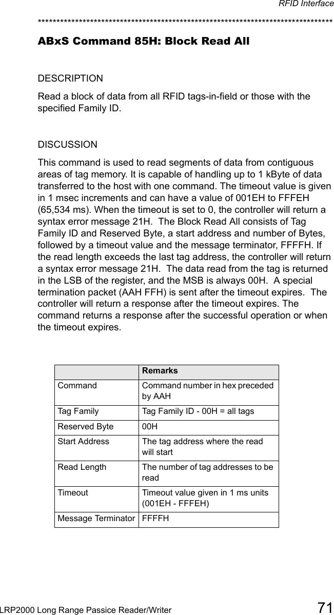 RFID InterfaceLRP2000 Long Range Passice Reader/Writer 71*******************************************************************************ABxS Command 85H: Block Read AllDESCRIPTIONRead a block of data from all RFID tags-in-field or those with the specified Family ID.DISCUSSIONThis command is used to read segments of data from contiguous areas of tag memory. It is capable of handling up to 1 kByte of data transferred to the host with one command. The timeout value is given in 1 msec increments and can have a value of 001EH to FFFEH (65,534 ms). When the timeout is set to 0, the controller will return a syntax error message 21H.  The Block Read All consists of Tag Family ID and Reserved Byte, a start address and number of Bytes, followed by a timeout value and the message terminator, FFFFH. If the read length exceeds the last tag address, the controller will return a syntax error message 21H.  The data read from the tag is returned in the LSB of the register, and the MSB is always 00H.  A special termination packet (AAH FFH) is sent after the timeout expires.  The controller will return a response after the timeout expires. The command returns a response after the successful operation or when the timeout expires.Field RemarksCommand Command number in hex preceded by AAHTa g  Fa m i l y Tag Family ID - 00H = all tagsReserved Byte  00HStart Address The tag address where the read will startRead Length The number of tag addresses to be readTimeout Timeout value given in 1 ms units (001EH - FFFEH)Message Terminator FFFFH