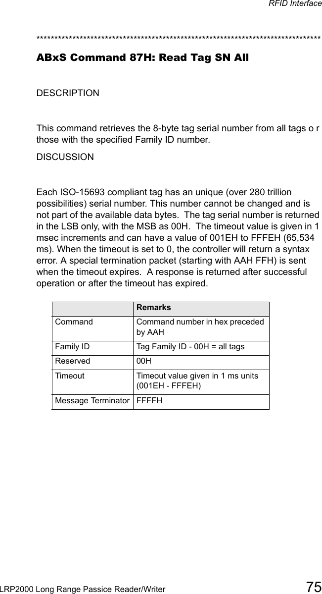 RFID InterfaceLRP2000 Long Range Passice Reader/Writer 75*******************************************************************************ABxS Command 87H: Read Tag SN AllDESCRIPTIONThis command retrieves the 8-byte tag serial number from all tags o r those with the specified Family ID number. DISCUSSIONEach ISO-15693 compliant tag has an unique (over 280 trillion possibilities) serial number. This number cannot be changed and is not part of the available data bytes.  The tag serial number is returned in the LSB only, with the MSB as 00H.  The timeout value is given in 1 msec increments and can have a value of 001EH to FFFEH (65,534 ms). When the timeout is set to 0, the controller will return a syntax error. A special termination packet (starting with AAH FFH) is sent when the timeout expires.  A response is returned after successful operation or after the timeout has expired.Field RemarksCommand Command number in hex preceded by AAHFamily ID  Tag Family ID - 00H = all tagsReserved  00HTimeout Timeout value given in 1 ms units (001EH - FFFEH)Message Terminator FFFFH