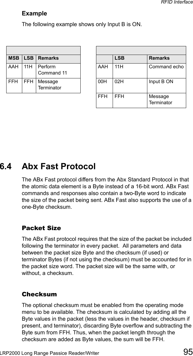 RFID InterfaceLRP2000 Long Range Passice Reader/Writer 95ExampleThe following example shows only Input B is ON.Command from host Response from controllerMSB LSB Remarks MSB LSB  RemarksAAH  11H  Perform Command 11AAH 11H  Command echoFFH FFH  Message Terminator00H  02H Input B ONFFH FFH  Message Terminator6.4 Abx Fast ProtocolThe ABx Fast protocol differs from the Abx Standard Protocol in that the atomic data element is a Byte instead of a 16-bit word. ABx Fast commands and responses also contain a two-Byte word to indicate the size of the packet being sent. ABx Fast also supports the use of a one-Byte checksum.  Packet Size The ABx Fast protocol requires that the size of the packet be included following the terminator in every packet.  All parameters and data between the packet size Byte and the checksum (if used) or terminator Bytes (if not using the checksum) must be accounted for in the packet size word. The packet size will be the same with, or without, a checksum. Checksum The optional checksum must be enabled from the operating mode menu to be available. The checksum is calculated by adding all the Byte values in the packet (less the values in the header, checksum if present, and terminator), discarding Byte overflow and subtracting the Byte sum from FFH. Thus, when the packet length through the checksum are added as Byte values, the sum will be FFH.  