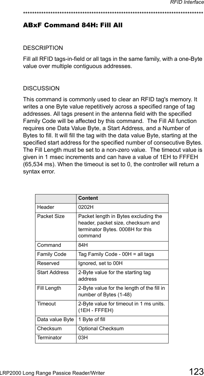 RFID InterfaceLRP2000 Long Range Passice Reader/Writer 123*******************************************************************************ABxF Command 84H: Fill AllDESCRIPTIONFill all RFID tags-in-field or all tags in the same family, with a one-Byte value over multiple contiguous addresses.DISCUSSIONThis command is commonly used to clear an RFID tag&apos;s memory. It writes a one Byte value repetitively across a specified range of tag addresses. All tags present in the antenna field with the specified Family Code will be affected by this command.  The Fill All function requires one Data Value Byte, a Start Address, and a Number of Bytes to fill. It will fill the tag with the data value Byte, starting at the specified start address for the specified number of consecutive Bytes. The Fill Length must be set to a non-zero value.  The timeout value is given in 1 msec increments and can have a value of 1EH to FFFEH (65,534 ms). When the timeout is set to 0, the controller will return a syntax error.Field ContentHeader 0202HPacket Size Packet length in Bytes excluding the header, packet size, checksum and terminator Bytes. 0008H for this commandCommand  84HFamily Code Tag Family Code - 00H = all tagsReserved Ignored, set to 00HStart Address 2-Byte value for the starting tag addressFill Length 2-Byte value for the length of the fill in number of Bytes (1-48)Timeout 2-Byte value for timeout in 1 ms units. (1EH - FFFEH)Data value Byte 1 Byte of fillChecksum Optional ChecksumTerminator 03H